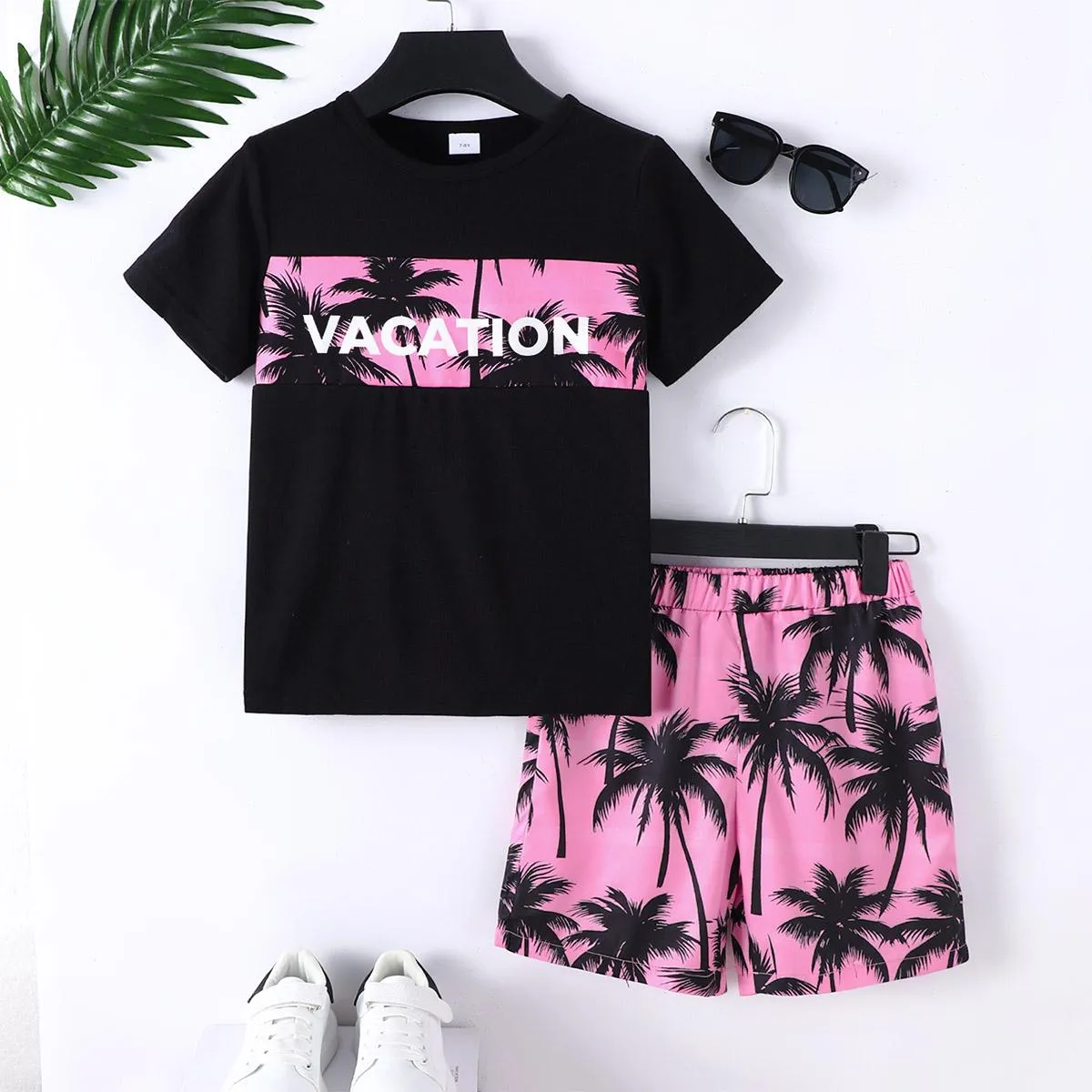 7-15Y Kid Boys Coconut Tree And VACATION Letter Graphic Print Splice Short Sleeve T-shirt  2Pcs Comfy Summer Clothing Pink Catpapa 462401036