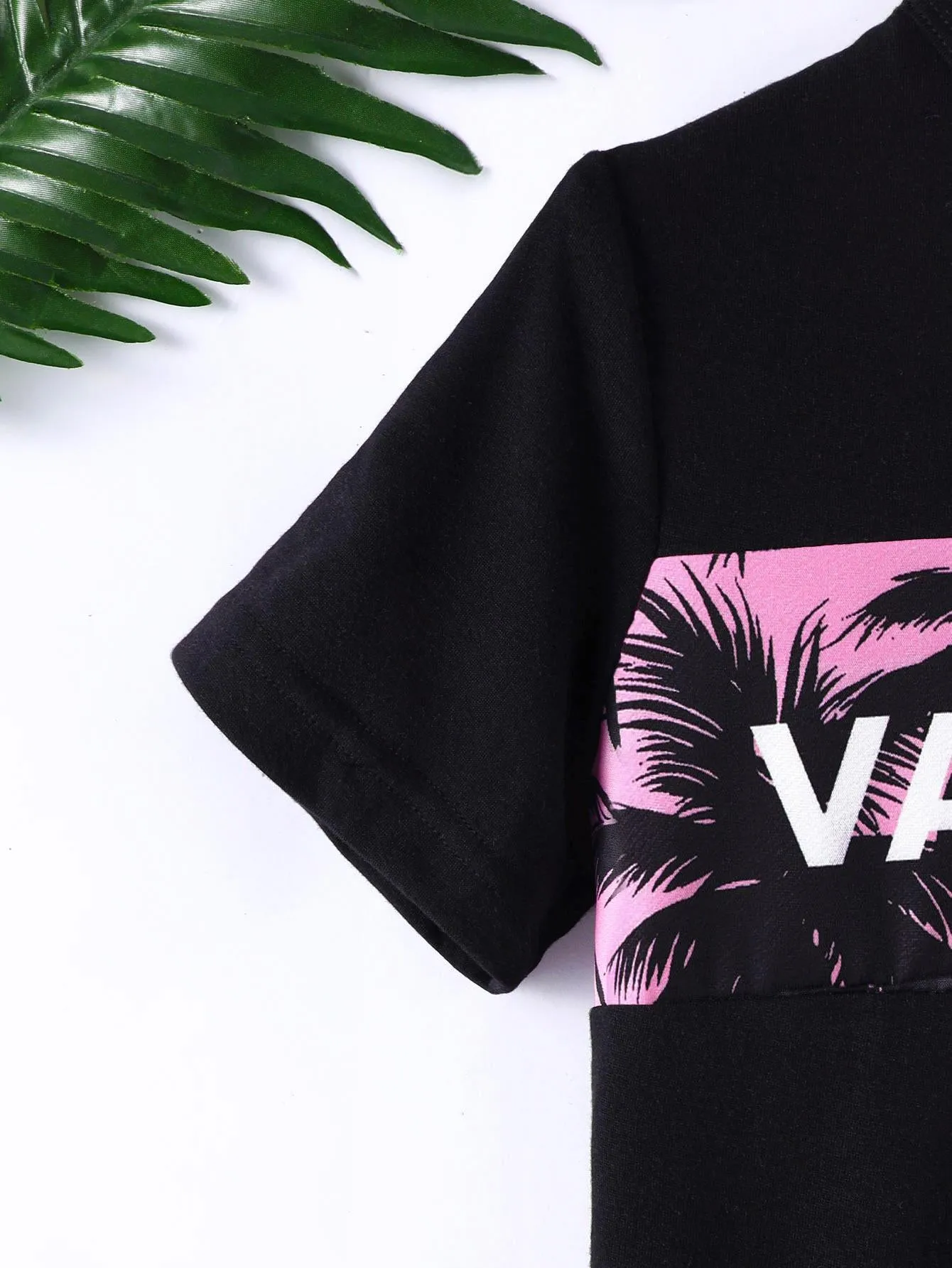 7-15Y Kid Boys Coconut Tree And VACATION Letter Graphic Print Splice Short Sleeve T-shirt  2Pcs Comfy Summer Clothing Pink Catpapa 462401036