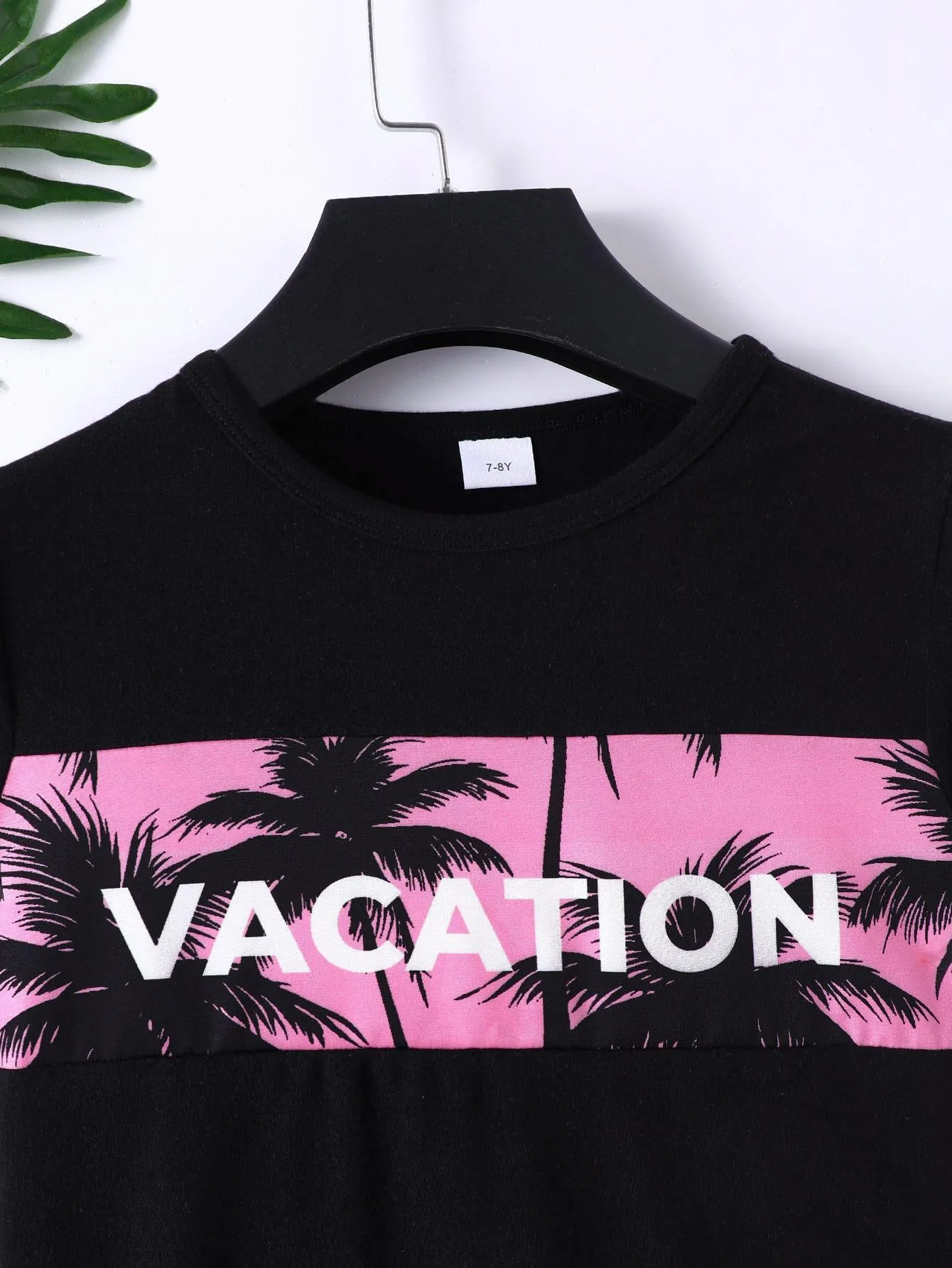 7-15Y Kid Boys Coconut Tree And VACATION Letter Graphic Print Splice Short Sleeve T-shirt  2Pcs Comfy Summer Clothing Pink Catpapa 462401036