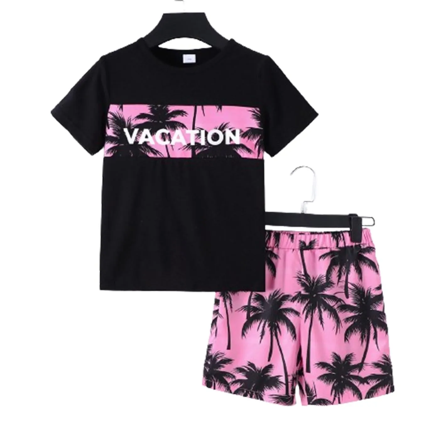 7-15Y Kid Boys Coconut Tree And VACATION Letter Graphic Print Splice Short Sleeve T-shirt  2Pcs Comfy Summer Clothing Pink Catpapa 462401036