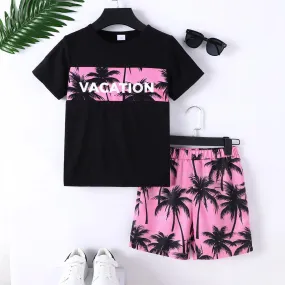 7-15Y Kid Boys Coconut Tree And VACATION Letter Graphic Print Splice Short Sleeve T-shirt  2Pcs Comfy Summer Clothing Pink Catpapa 462401036