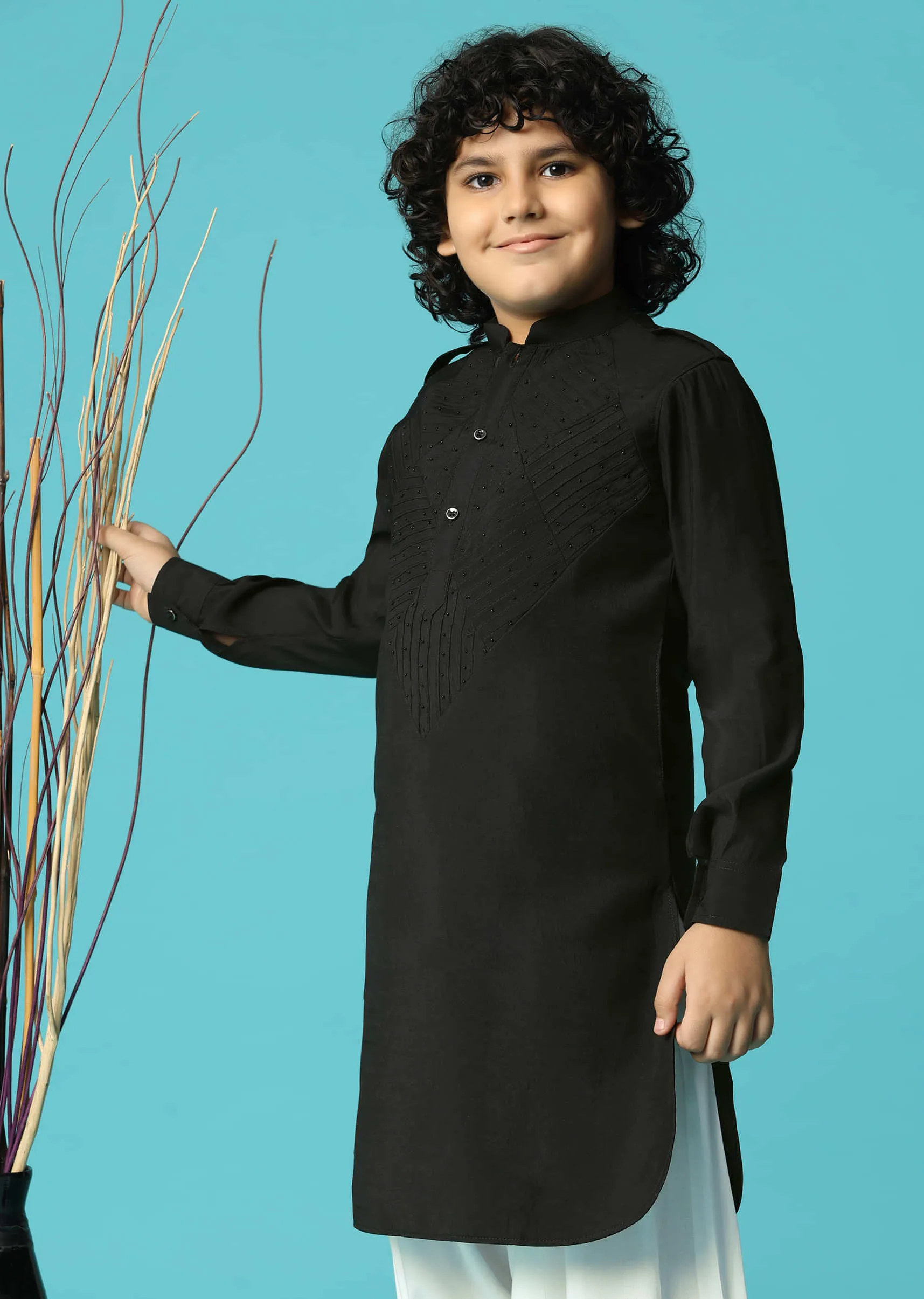 Black Embroidered Silk Kurta Salwar For Boys