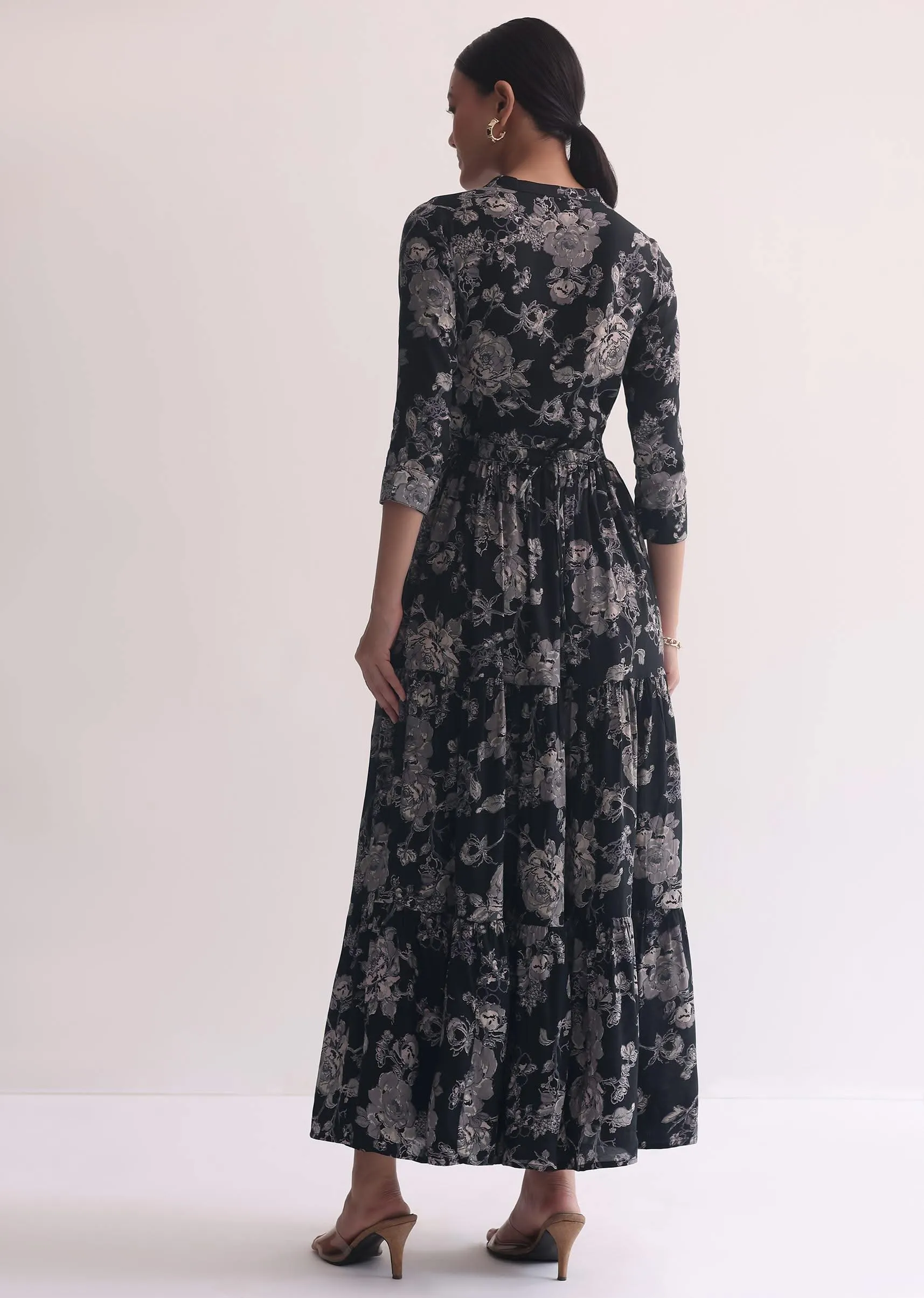 Black Printed Kurti Dress In Cotton With Belt