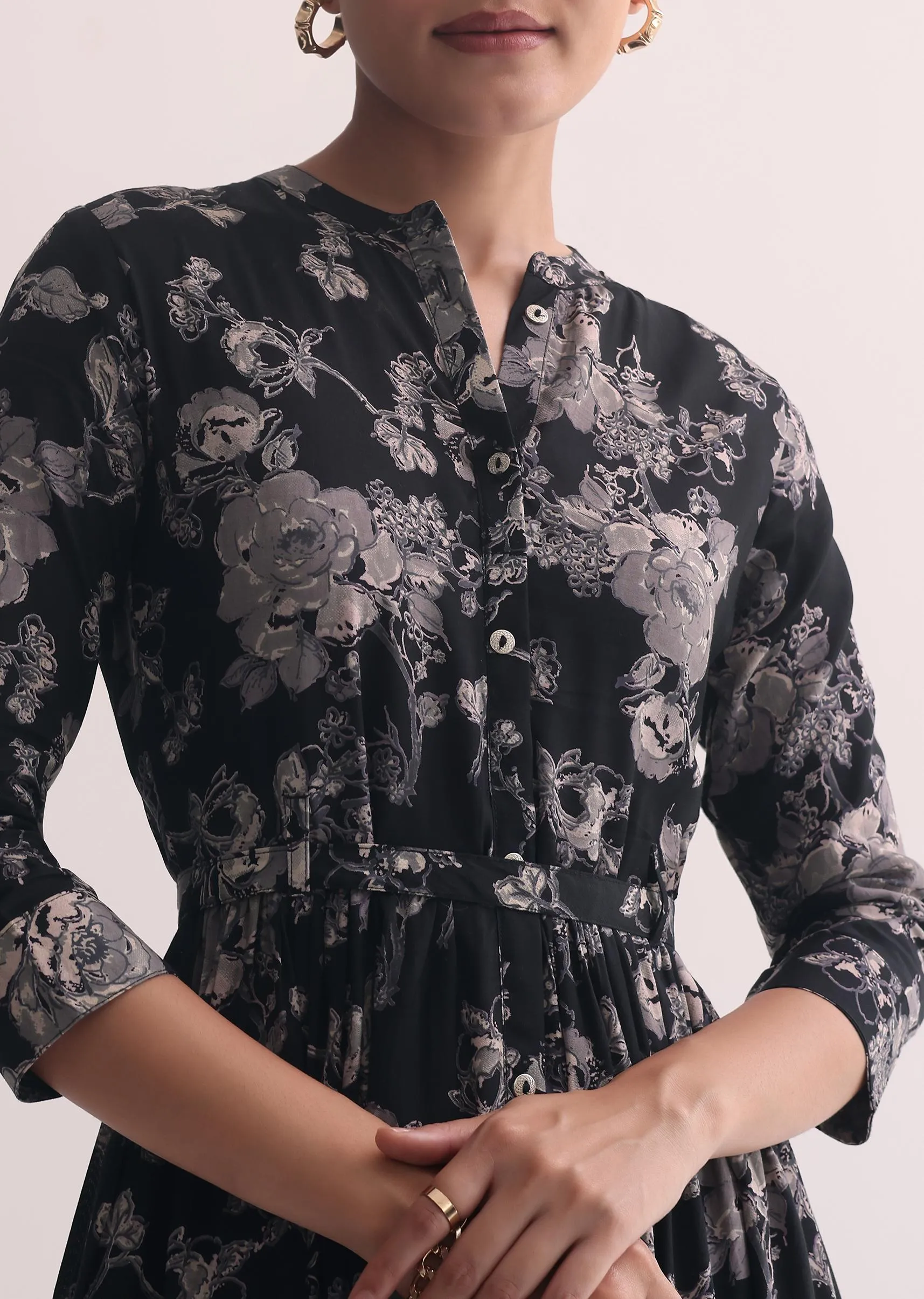 Black Printed Kurti Dress In Cotton With Belt