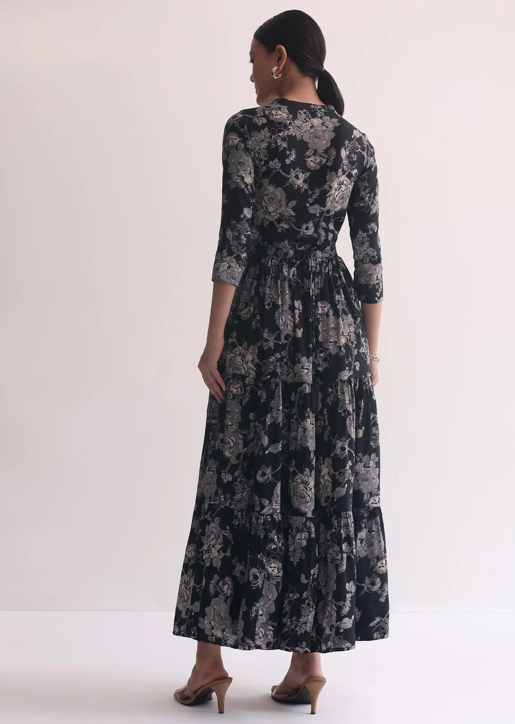 Black Printed Kurti Dress In Cotton With Belt