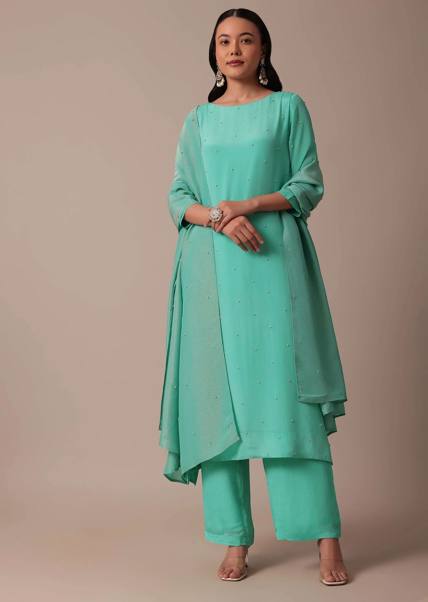 Blue Chiffon Pant Set With Sequin Work Kurta