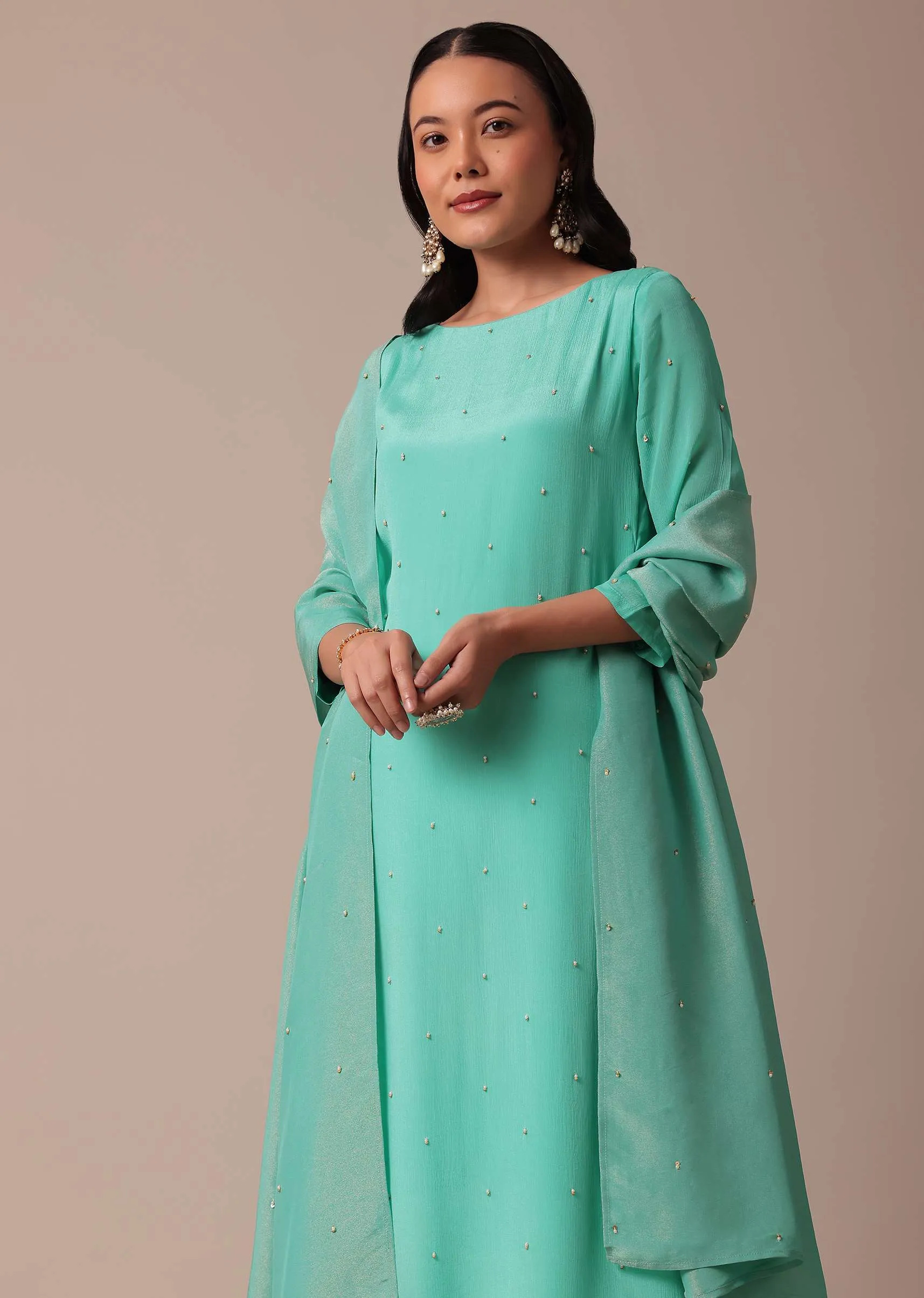 Blue Chiffon Pant Set With Sequin Work Kurta
