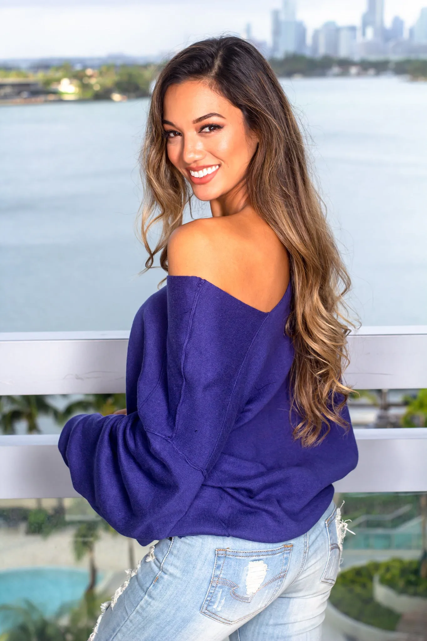 Blue Sweater with Asymmetrical Hem