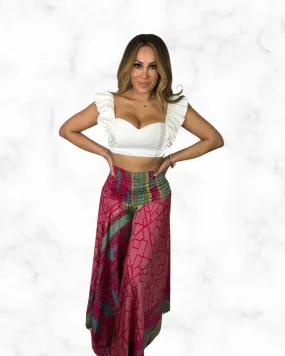 Boho Red Patchwork Wide-Leg Pants