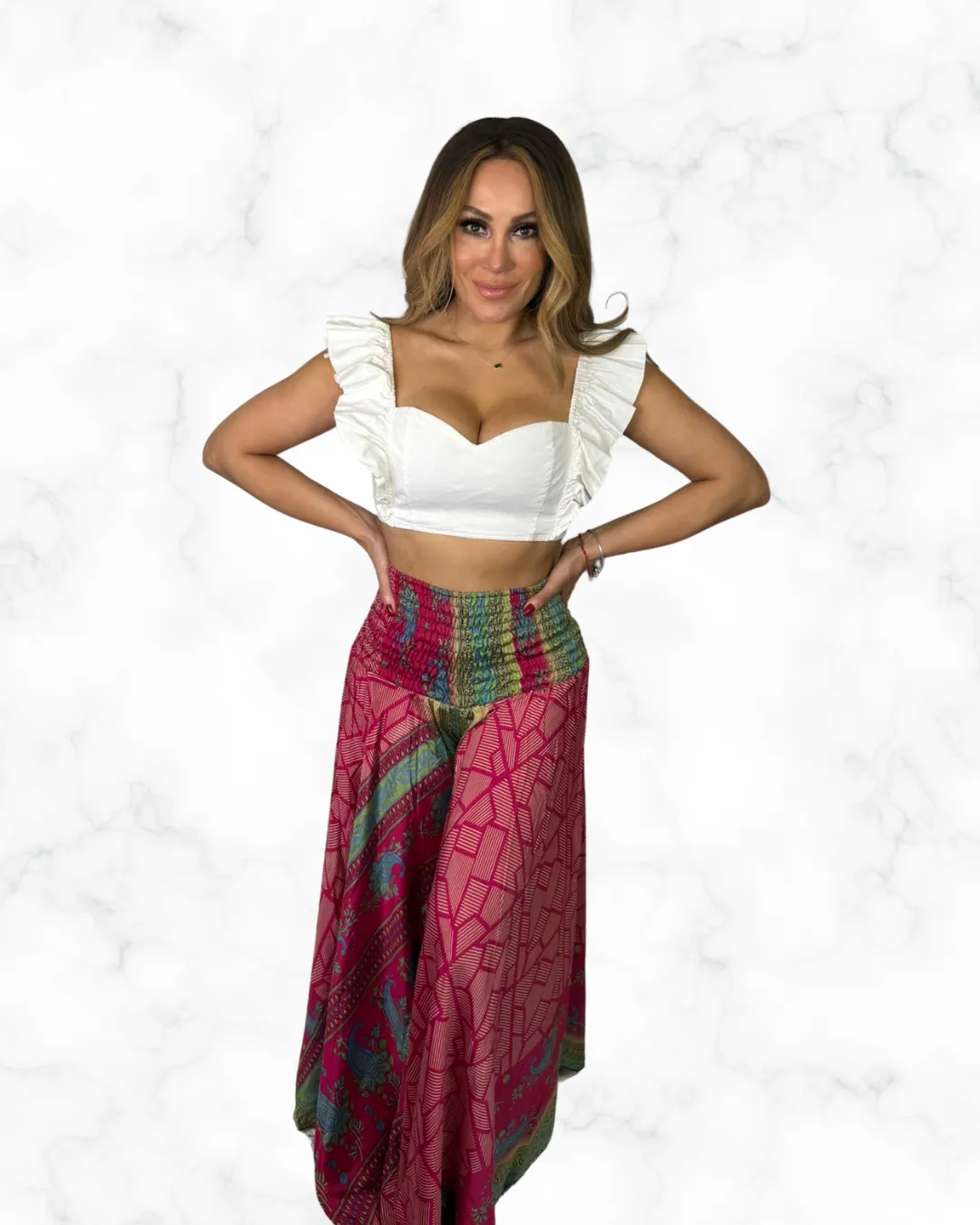 Boho Red Patchwork Wide-Leg Pants