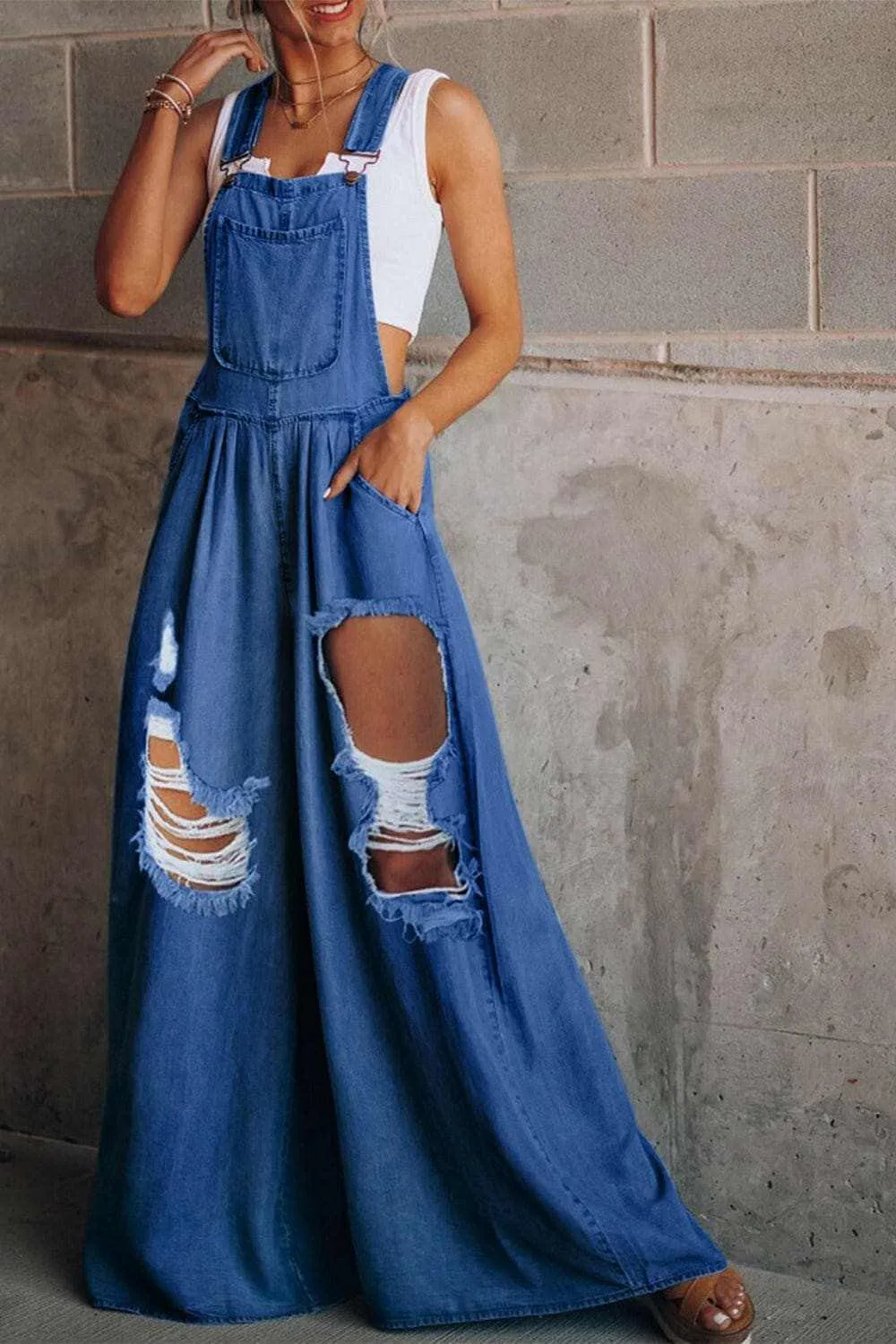 Chic distressed wide leg jumpsuit