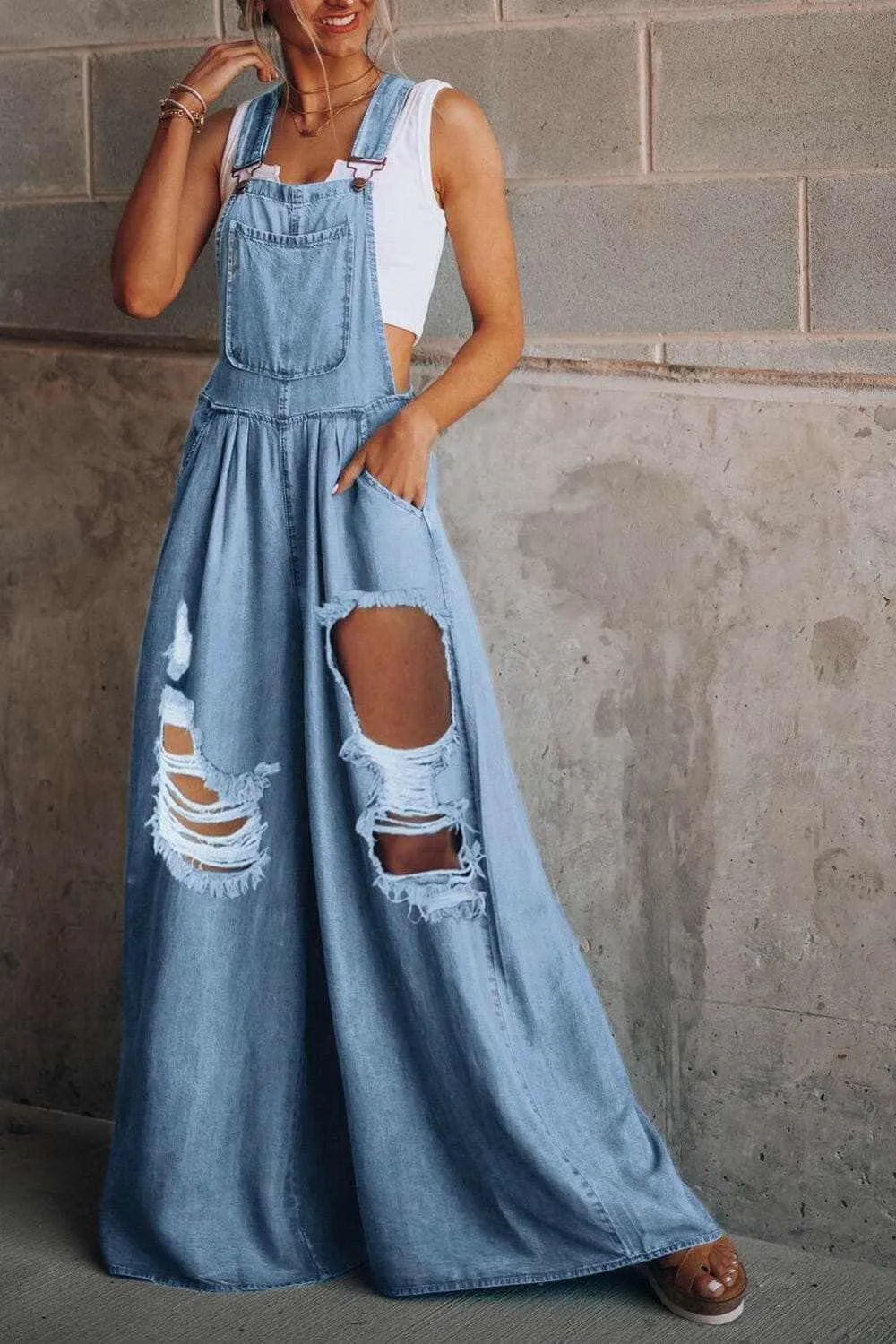 Chic distressed wide leg jumpsuit