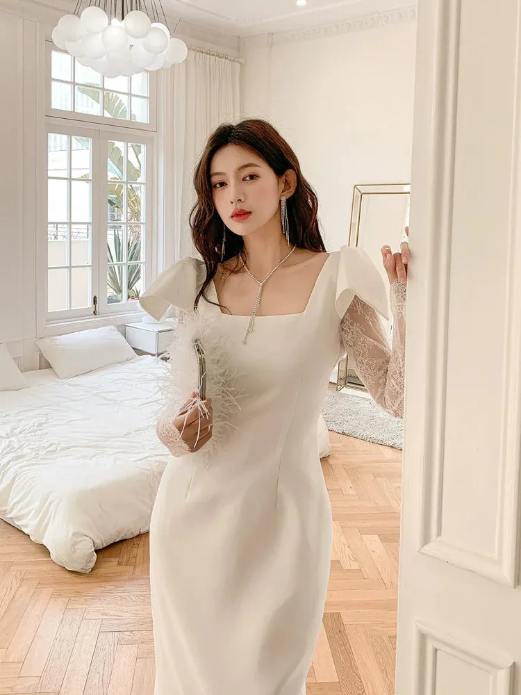 DOLLY Elegant White Square Collar Lace Long Sleeve Midi Banquet Dress-MALOY