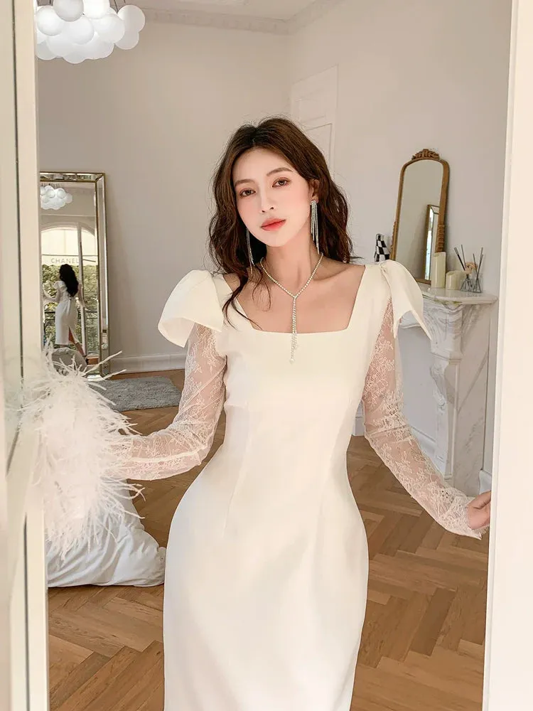 DOLLY Elegant White Square Collar Lace Long Sleeve Midi Banquet Dress-MALOY
