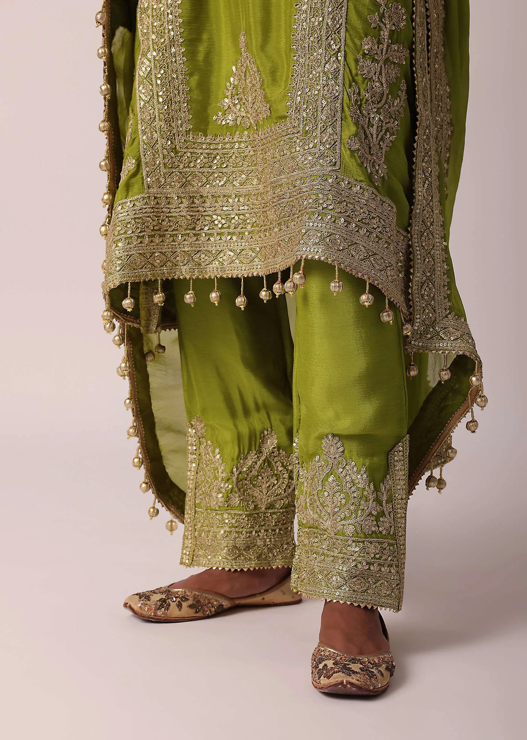 Green Chiffon Pant Set With Zardozi Work Kurta