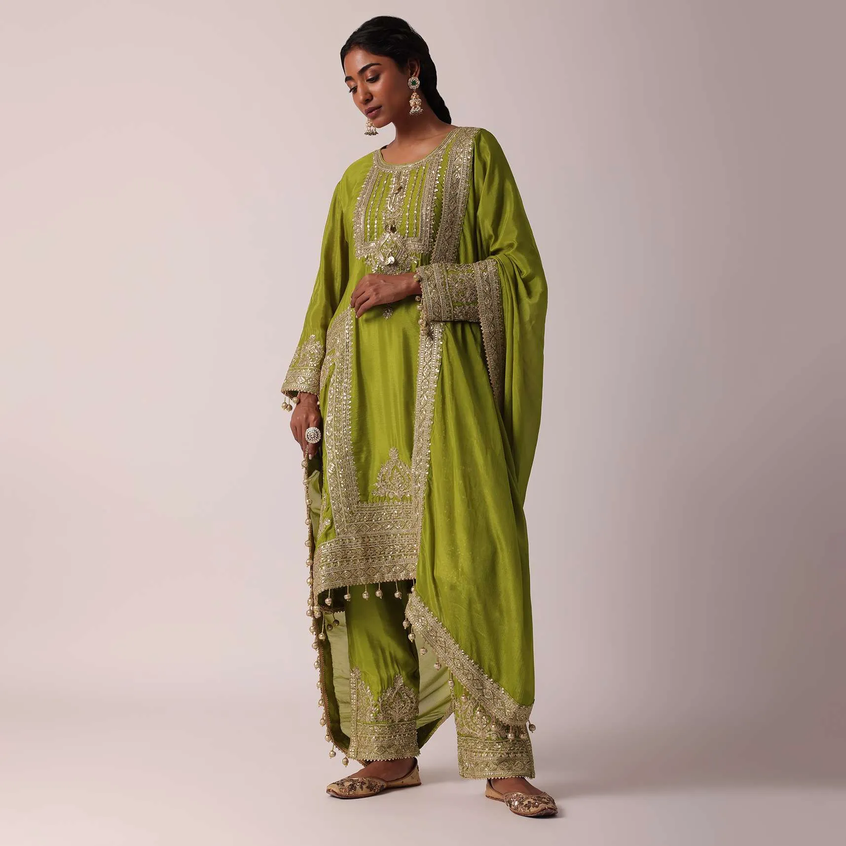 Green Chiffon Pant Set With Zardozi Work Kurta