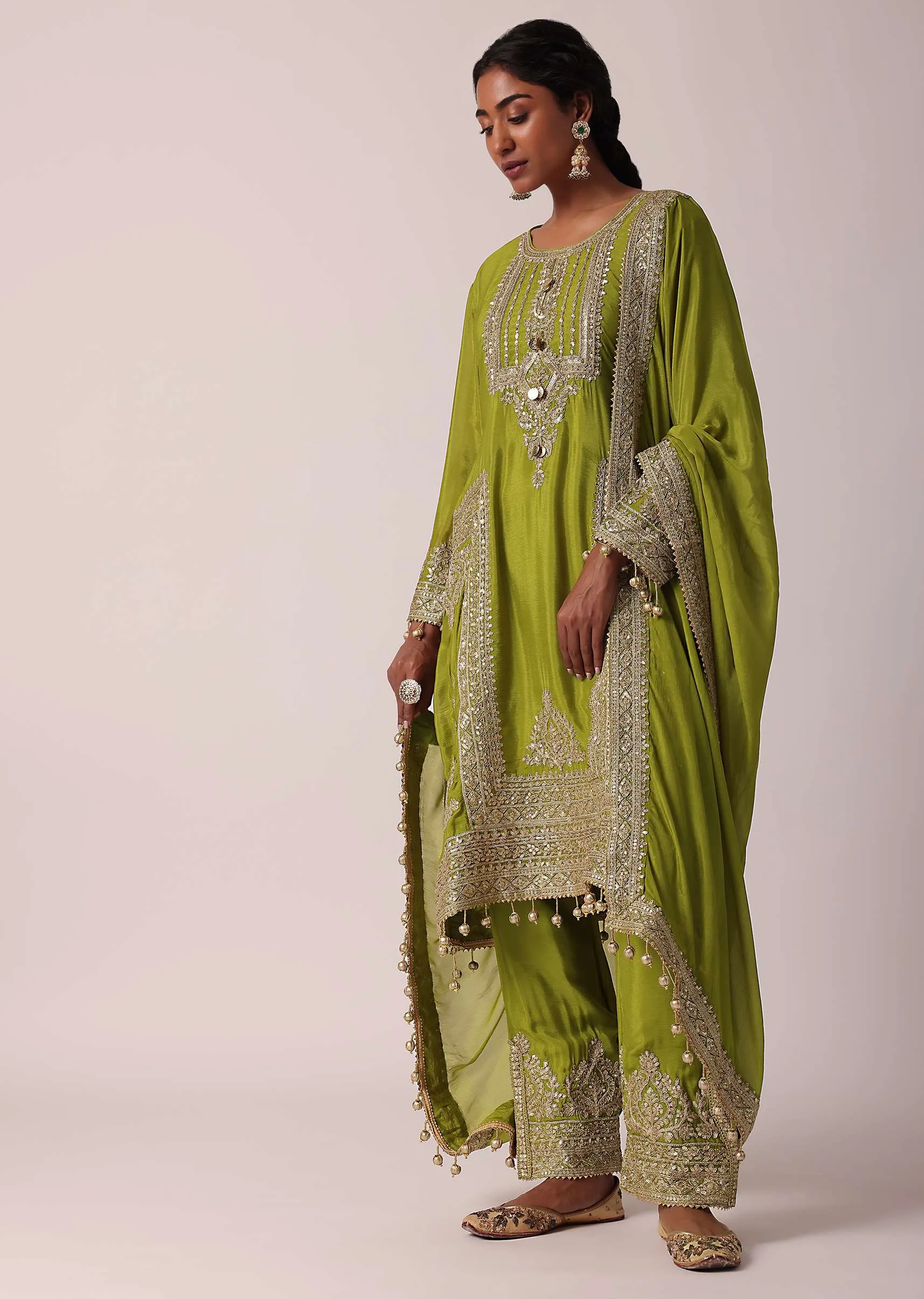 Green Chiffon Pant Set With Zardozi Work Kurta
