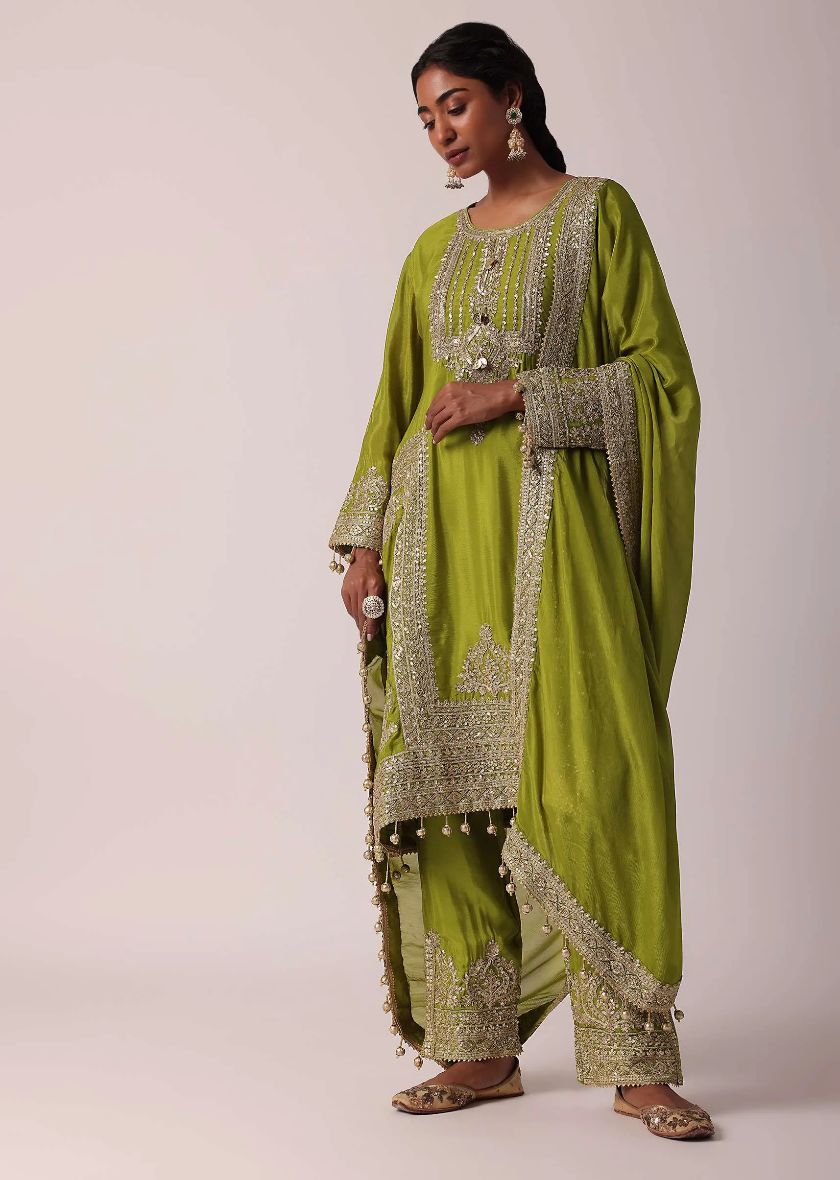 Green Chiffon Pant Set With Zardozi Work Kurta