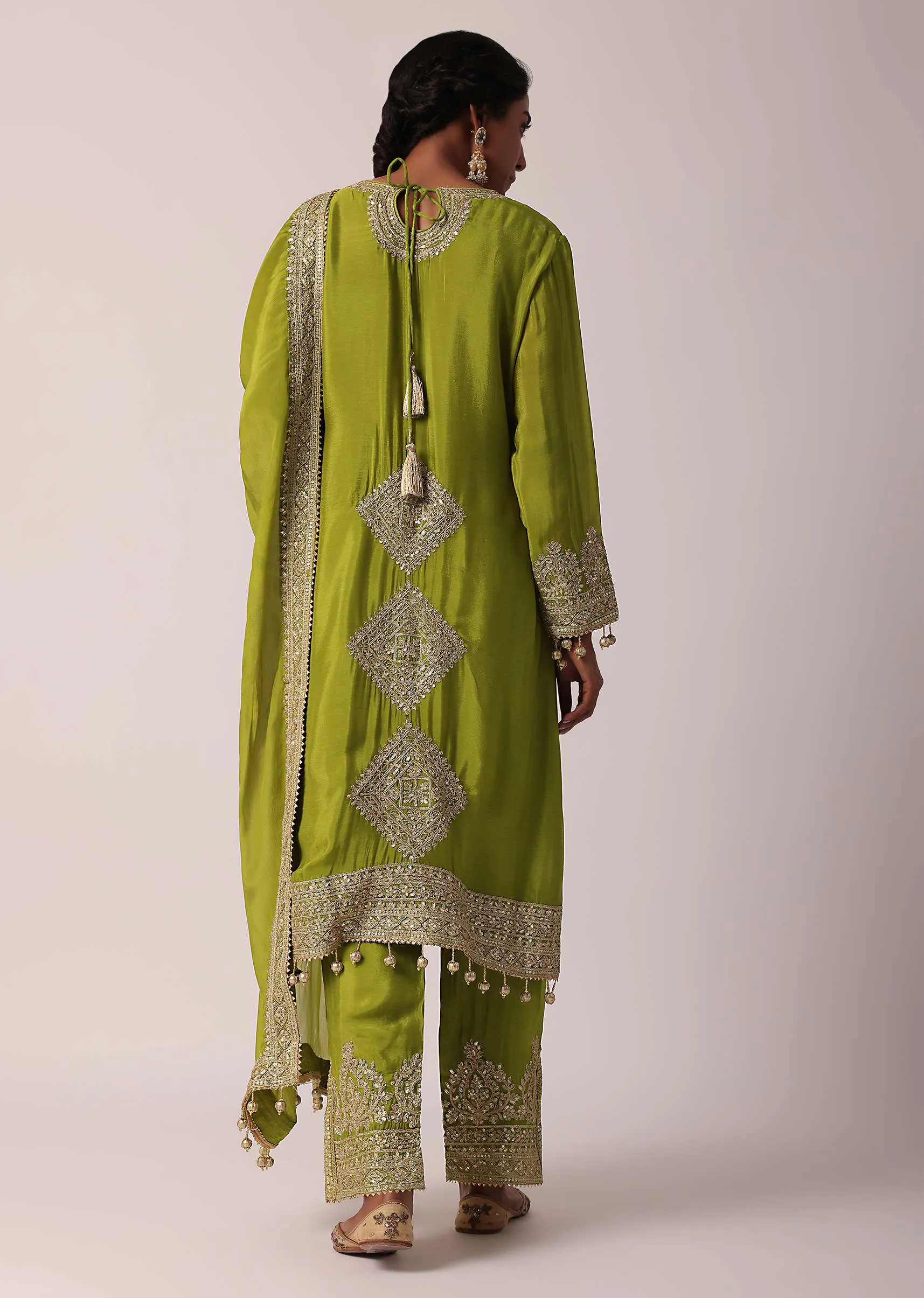 Green Chiffon Pant Set With Zardozi Work Kurta