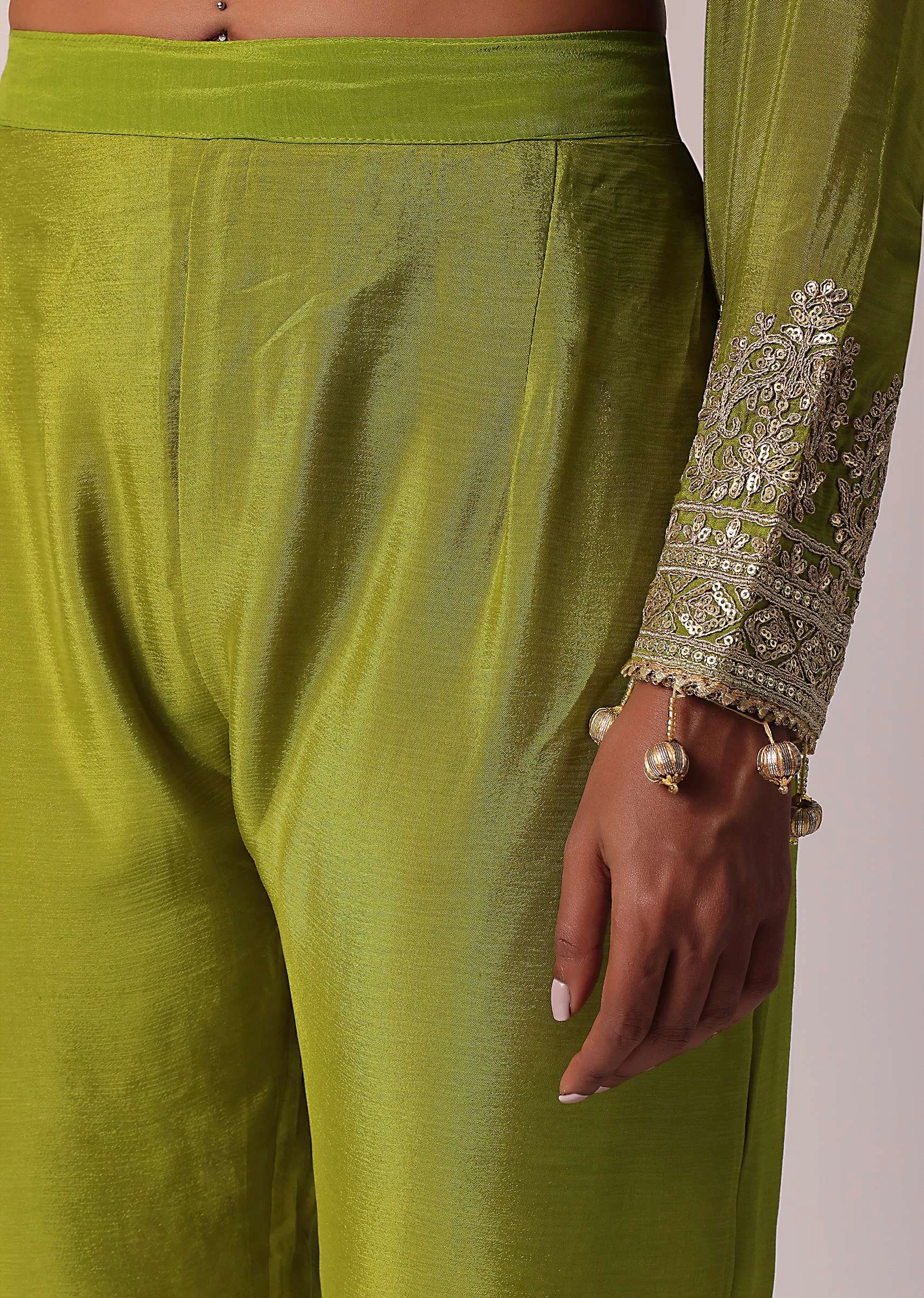 Green Chiffon Pant Set With Zardozi Work Kurta