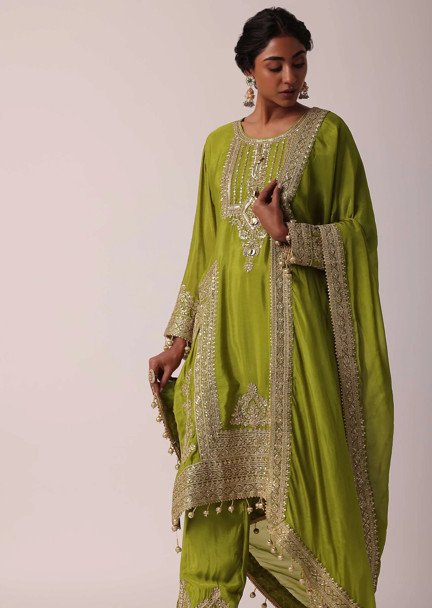 Green Chiffon Pant Set With Zardozi Work Kurta
