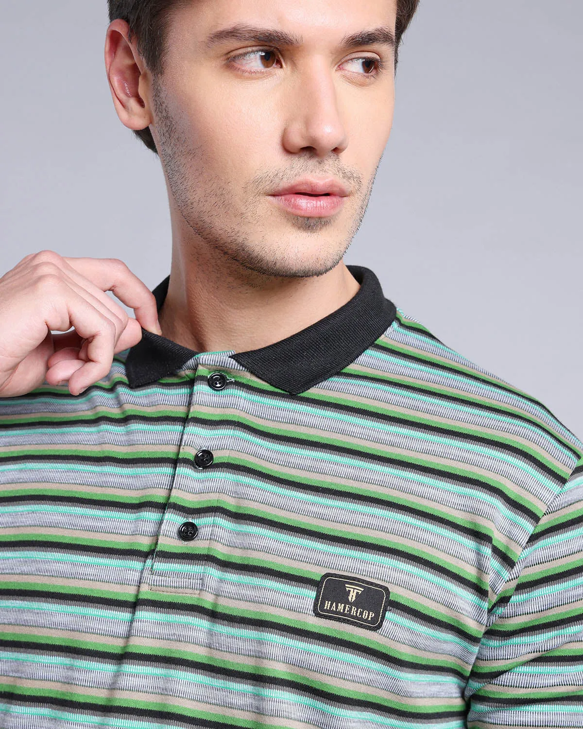 Hunter Green With Black Multicolor Striped Supersoft Smart Polo T-Shirt