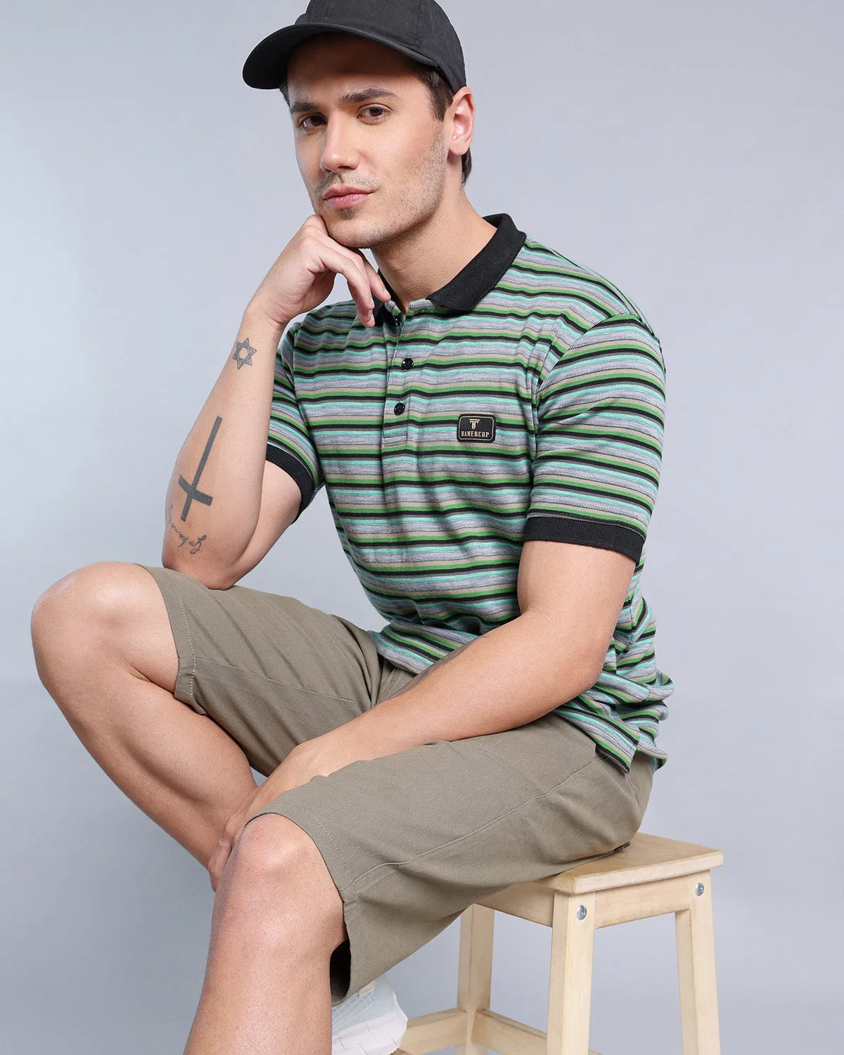 Hunter Green With Black Multicolor Striped Supersoft Smart Polo T-Shirt