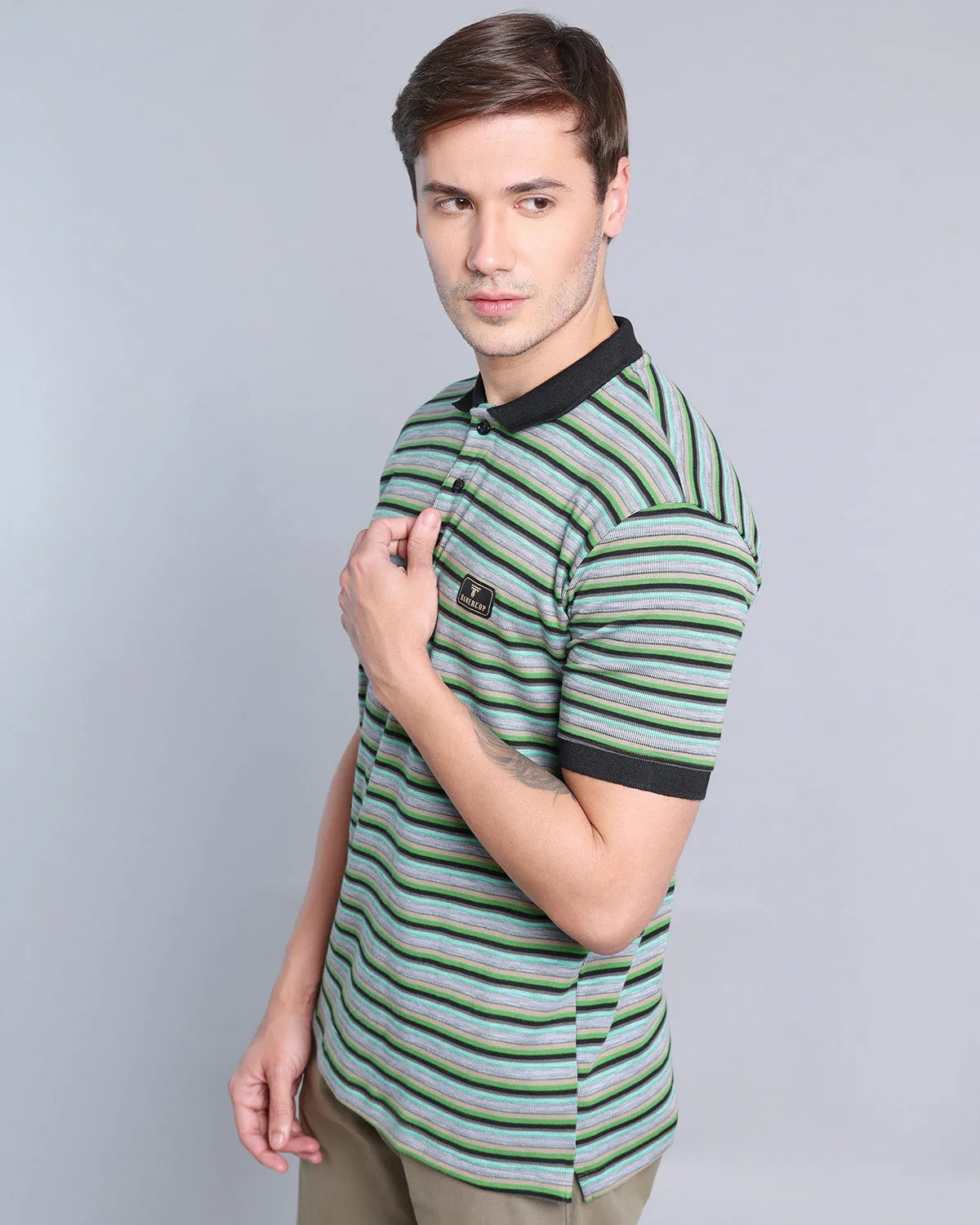Hunter Green With Black Multicolor Striped Supersoft Smart Polo T-Shirt