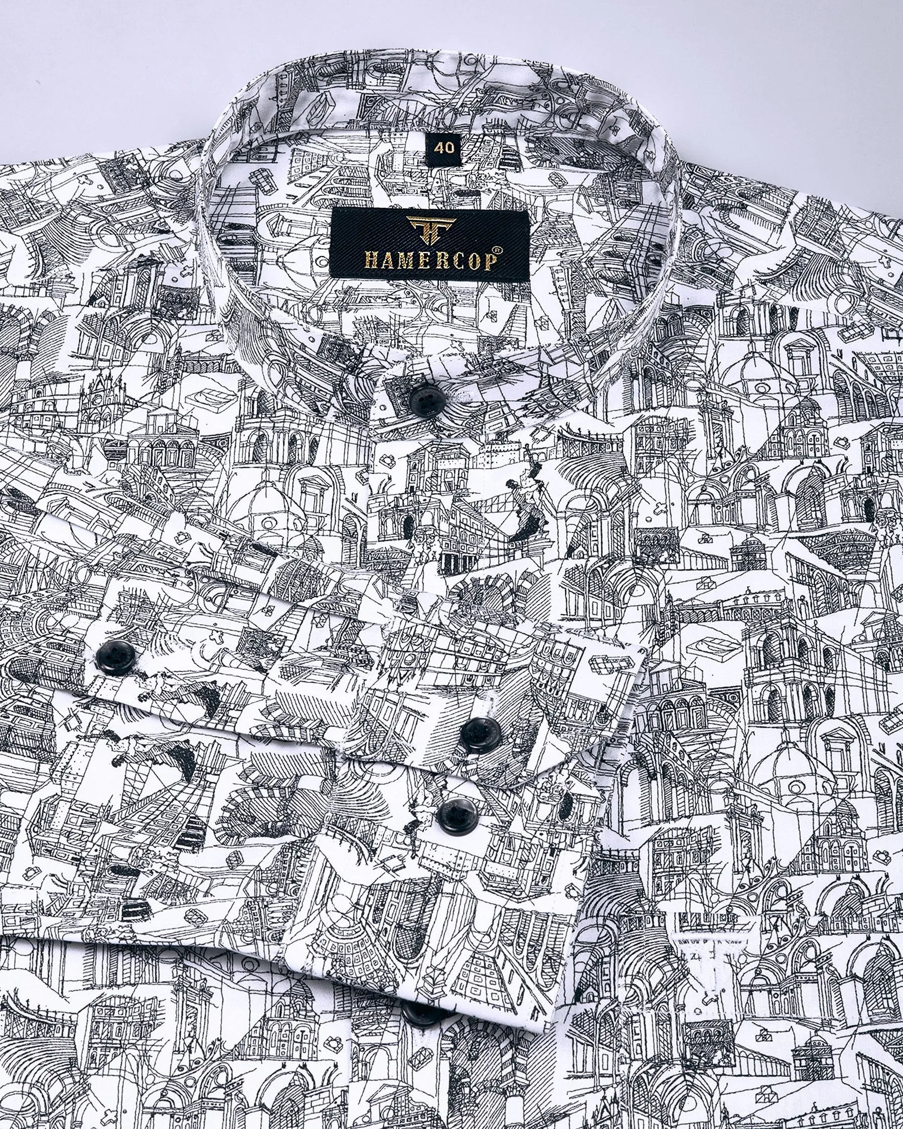 Italian architecture Printed White and Black Egyptian Gizza Shirt