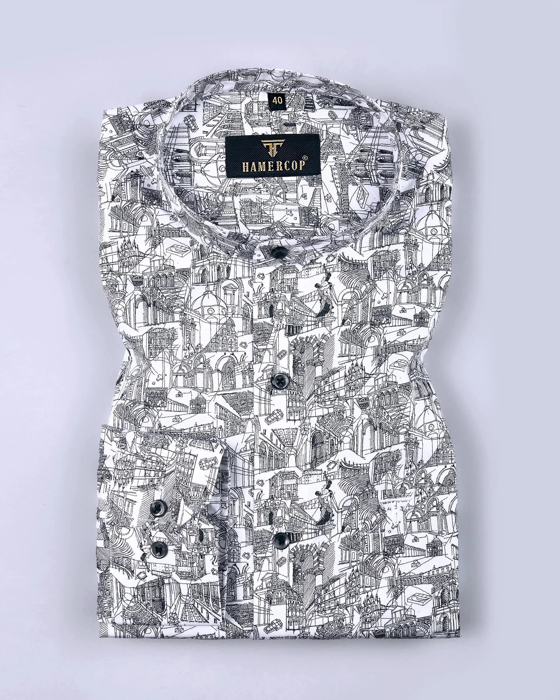 Italian architecture Printed White and Black Egyptian Gizza Shirt