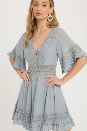 Light Blue V-neck Lace Trim Dress Light Blue V-neck Lace Trim Dress