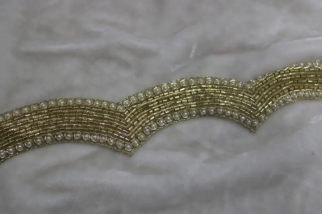 Light Golden Cutdana & Pearl Handwork Trim