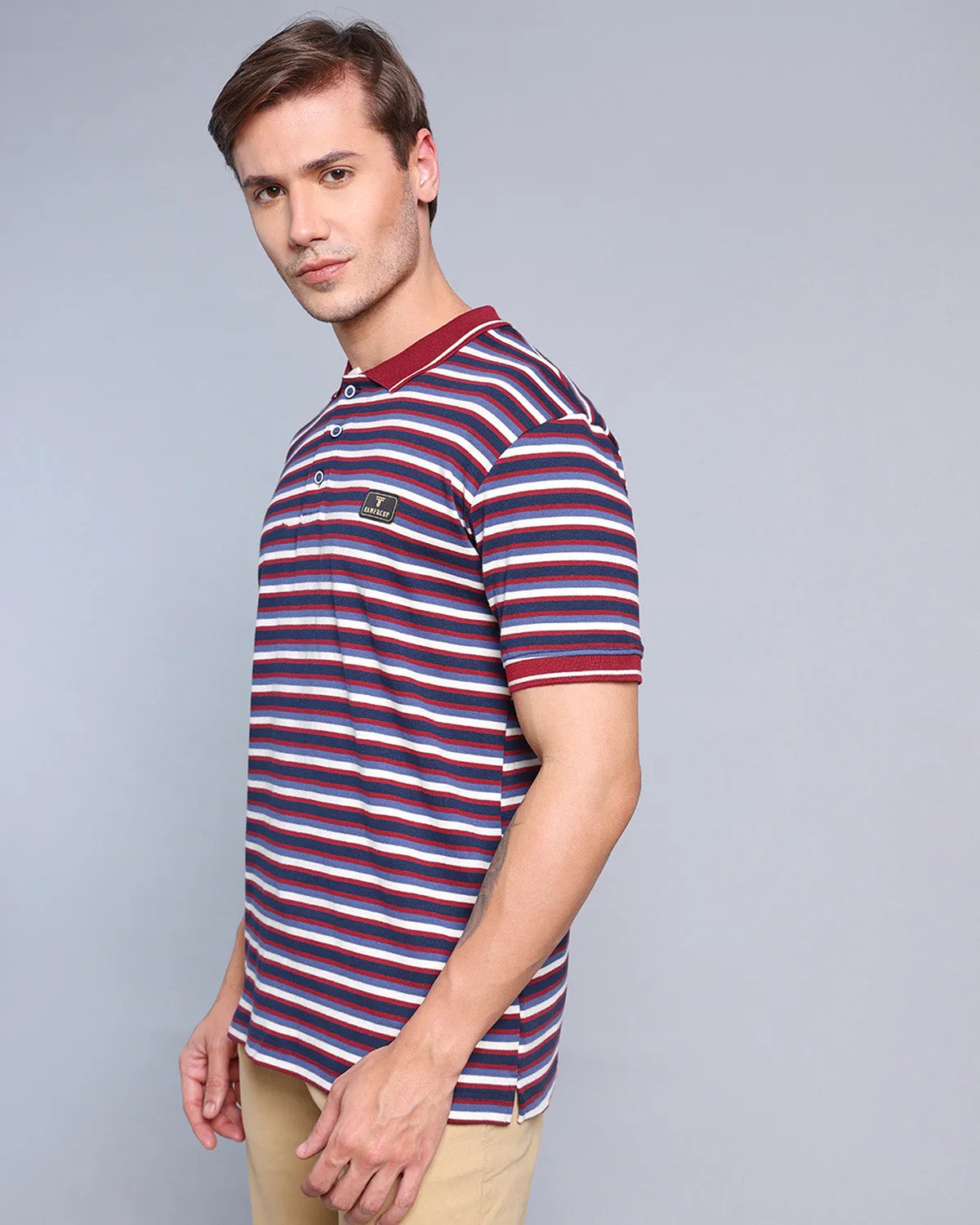 Maroon With Blue Multicolor Striped Supersoft Smart Polo T-Shirt
