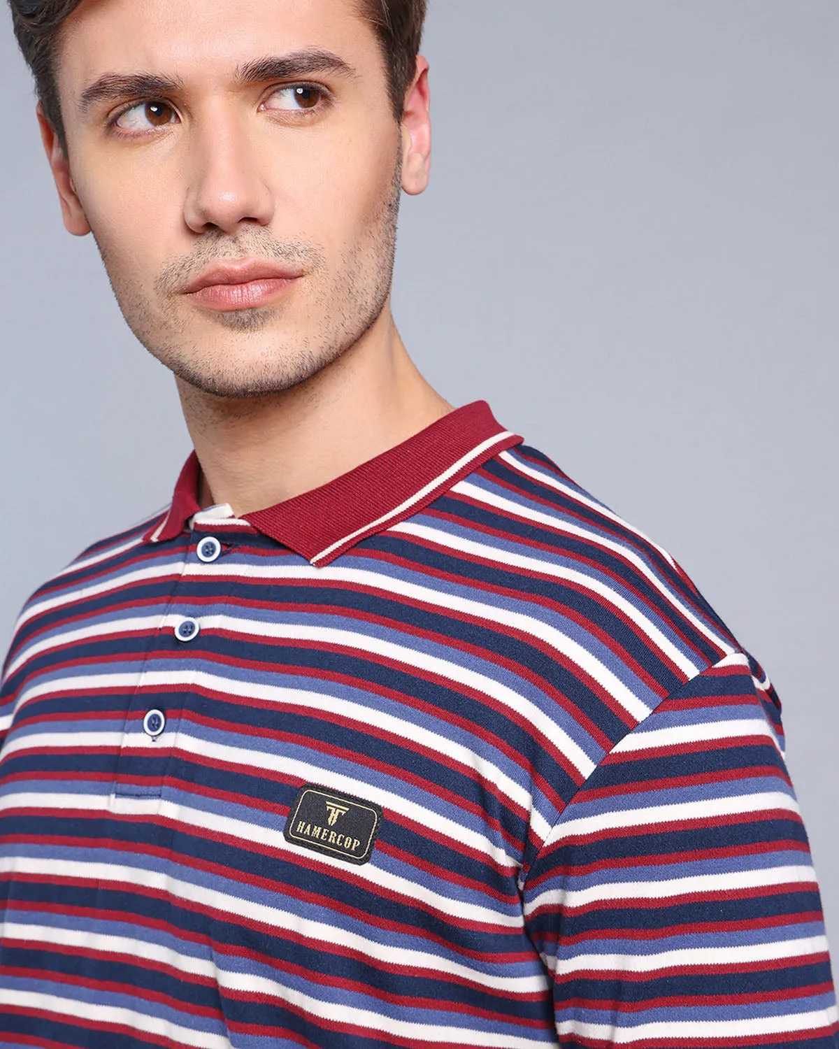 Maroon With Blue Multicolor Striped Supersoft Smart Polo T-Shirt