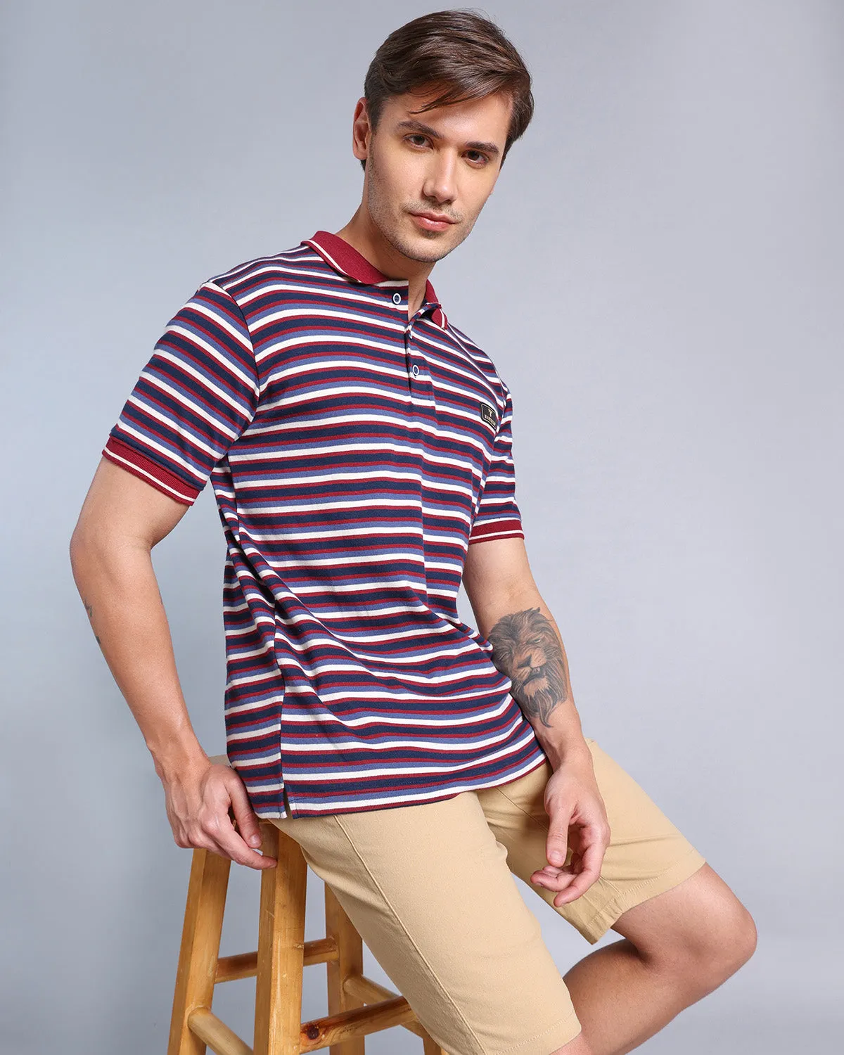 Maroon With Blue Multicolor Striped Supersoft Smart Polo T-Shirt