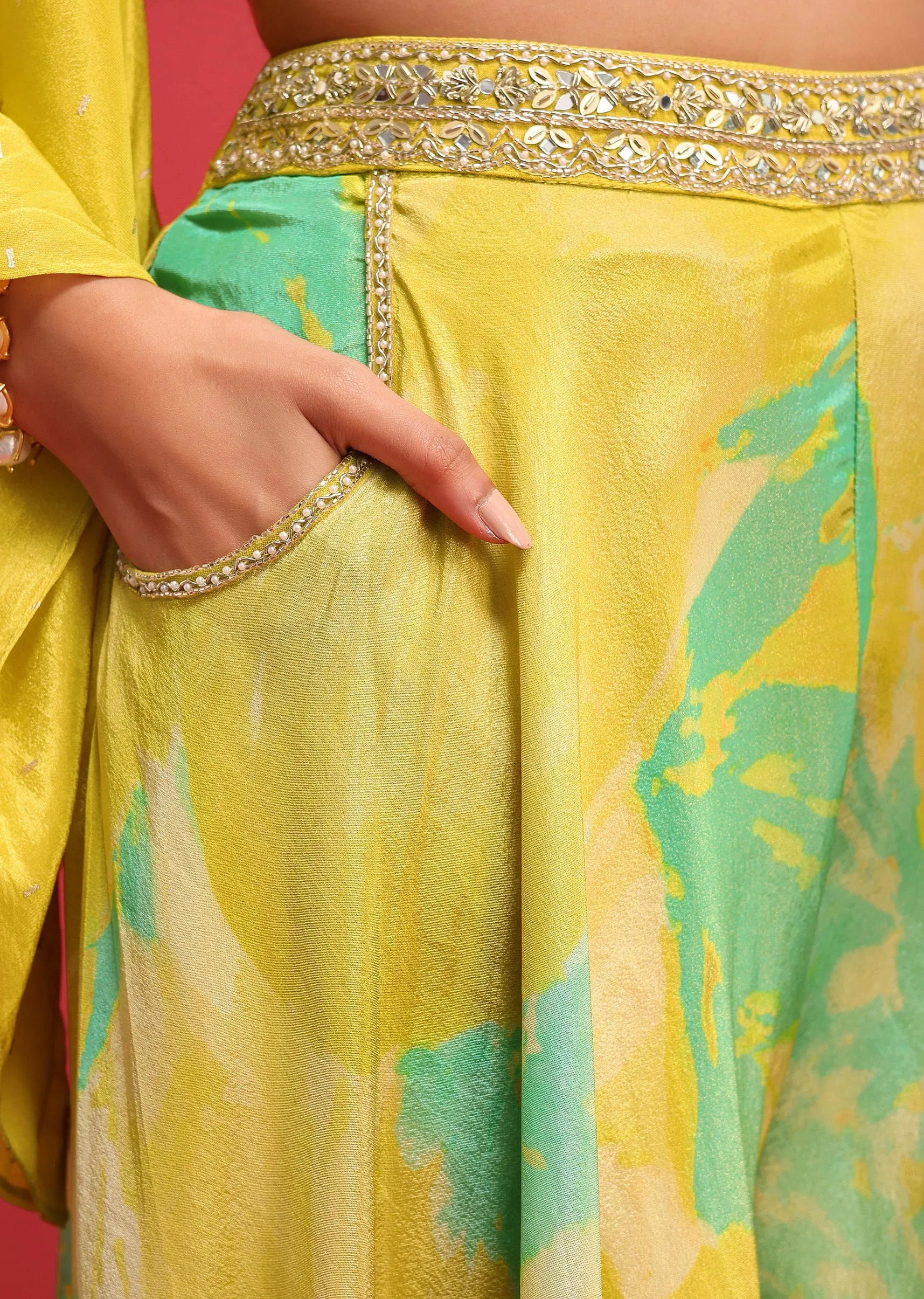 Mehendi Green Printed Tissue Crop Top And Palazzo
