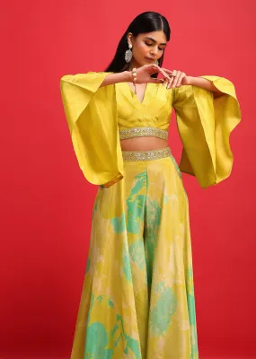 Mehendi Green Printed Tissue Crop Top And Palazzo