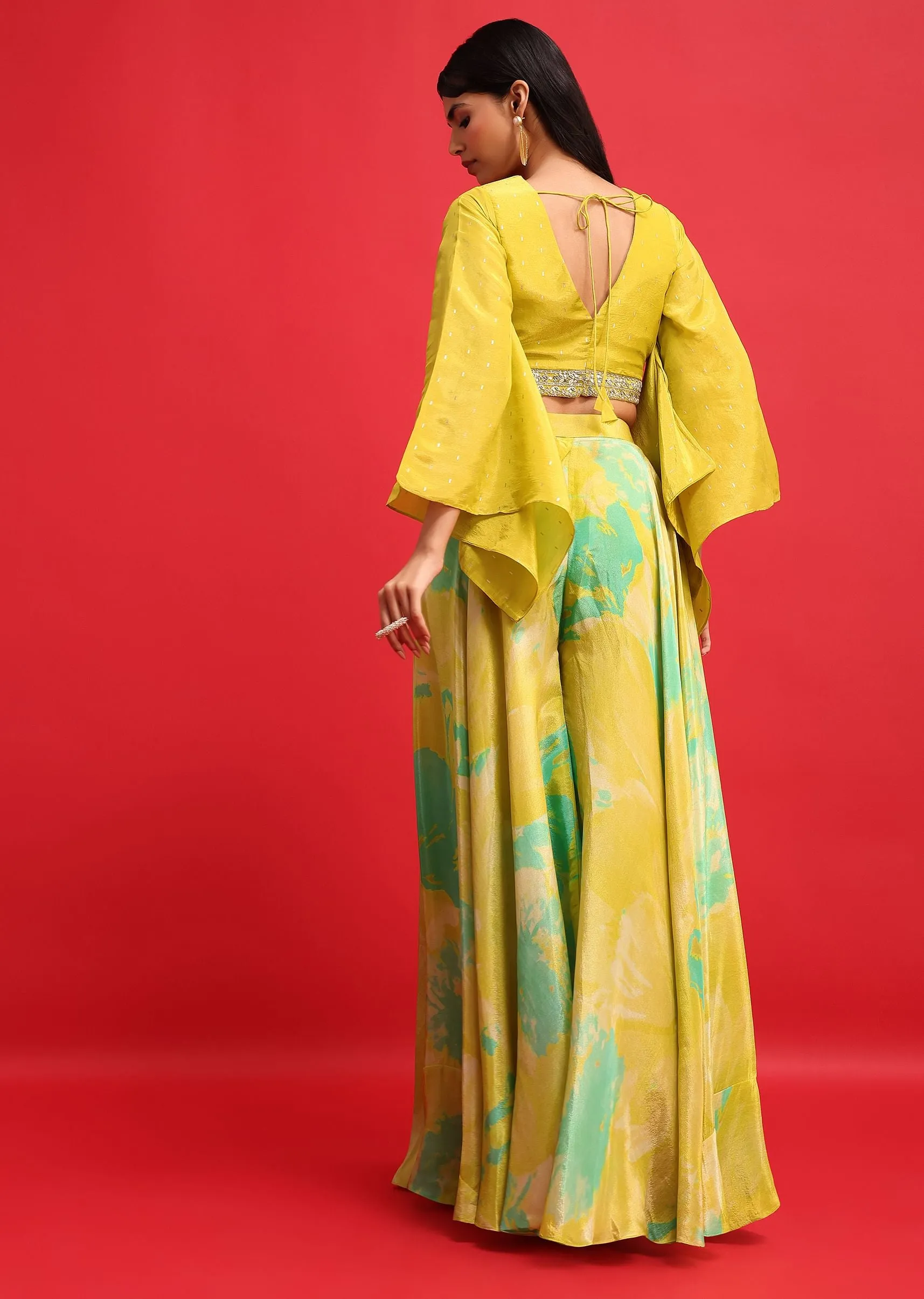 Mehendi Green Printed Tissue Crop Top And Palazzo