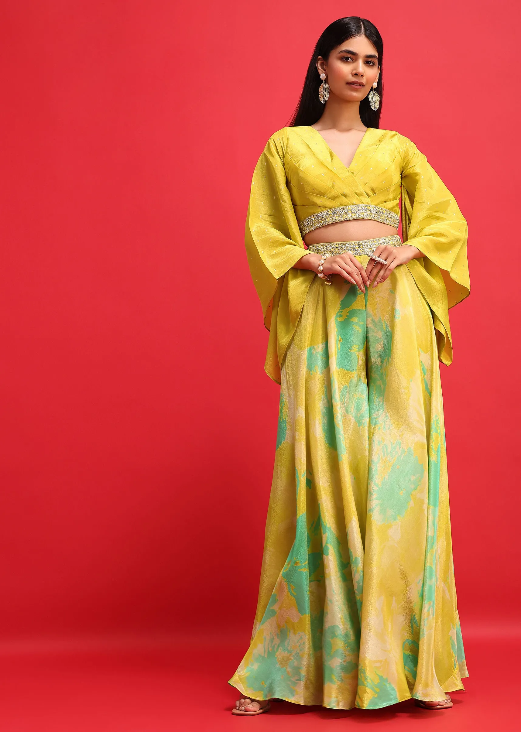 Mehendi Green Printed Tissue Crop Top And Palazzo