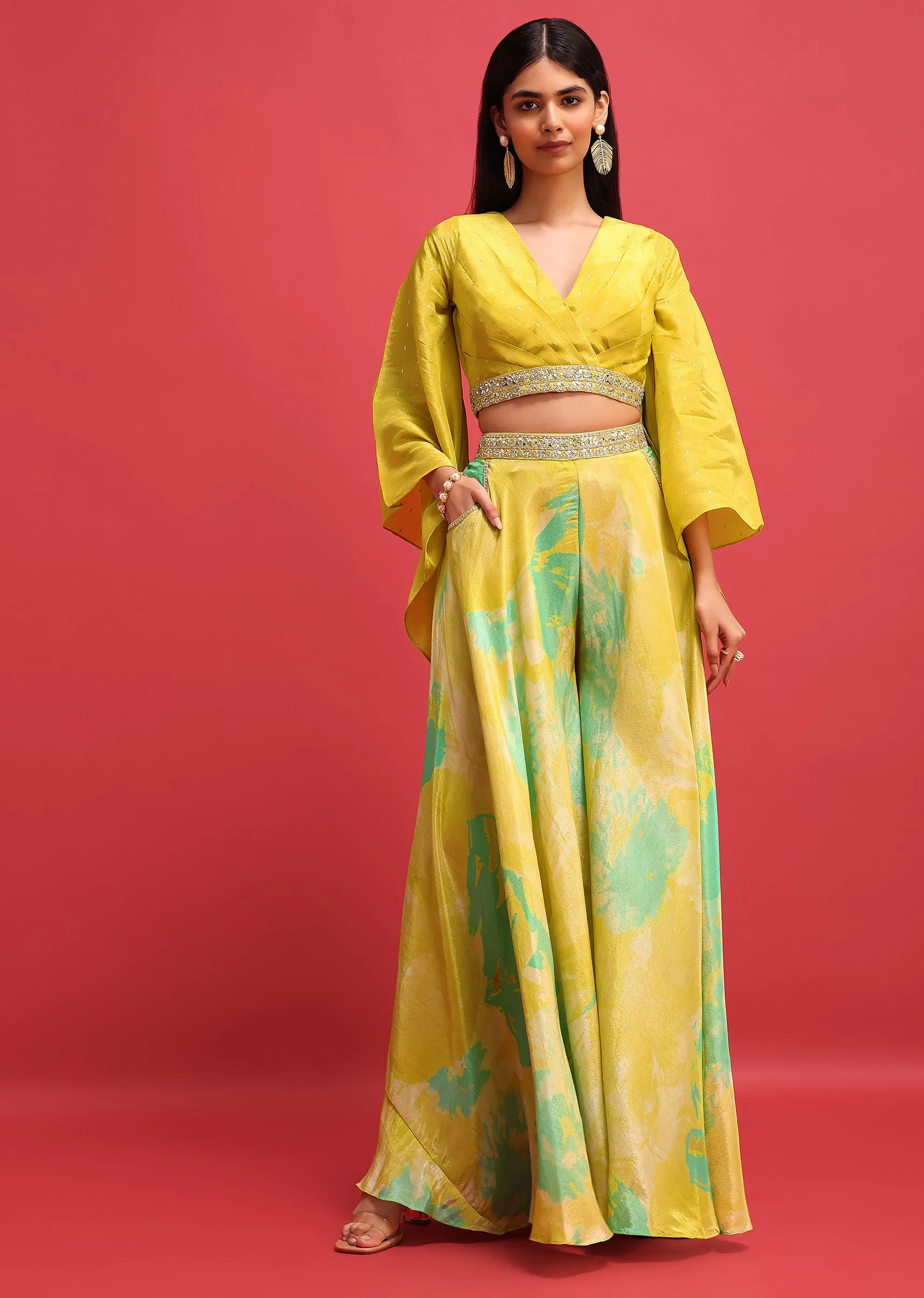 Mehendi Green Printed Tissue Crop Top And Palazzo