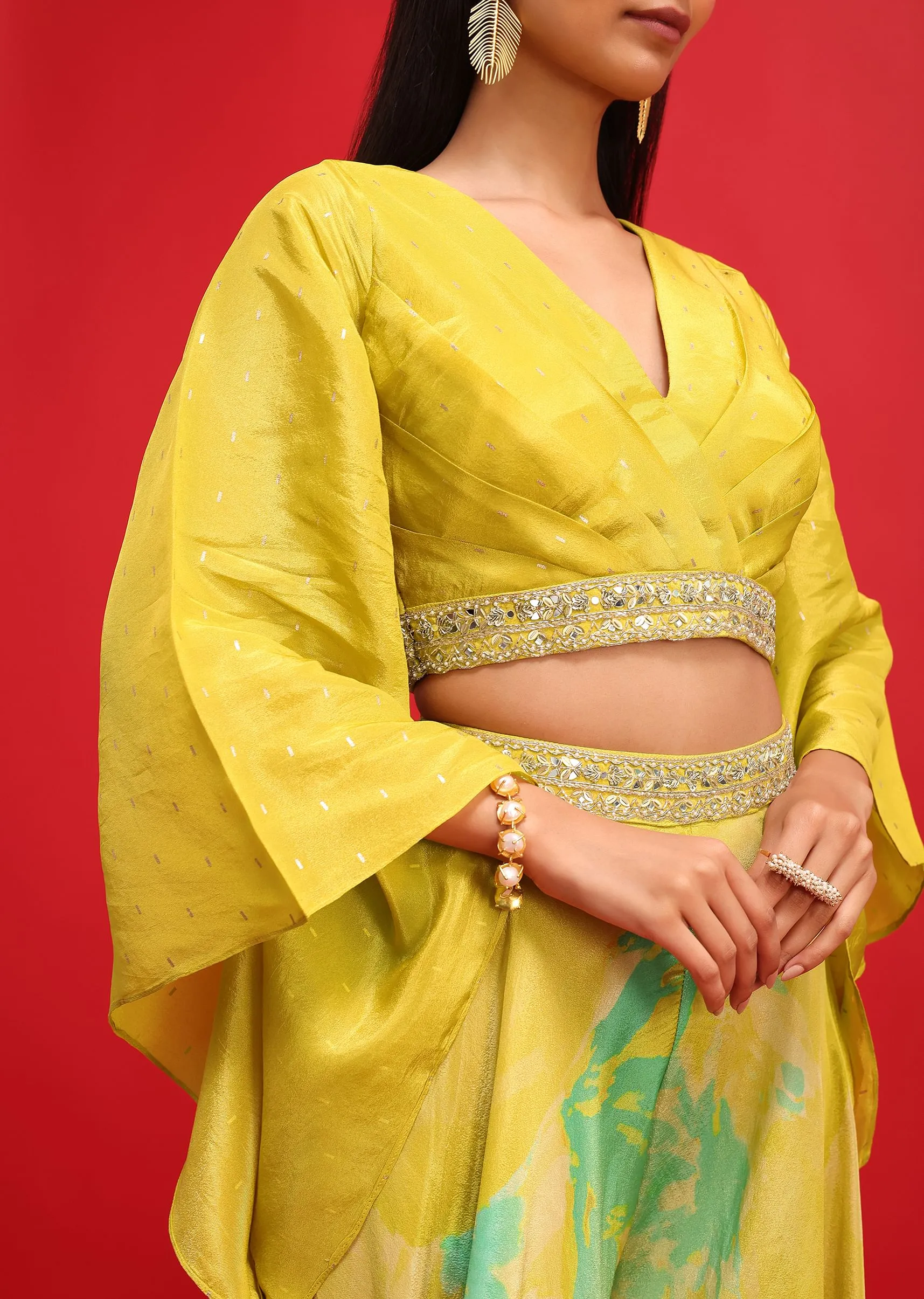Mehendi Green Printed Tissue Crop Top And Palazzo