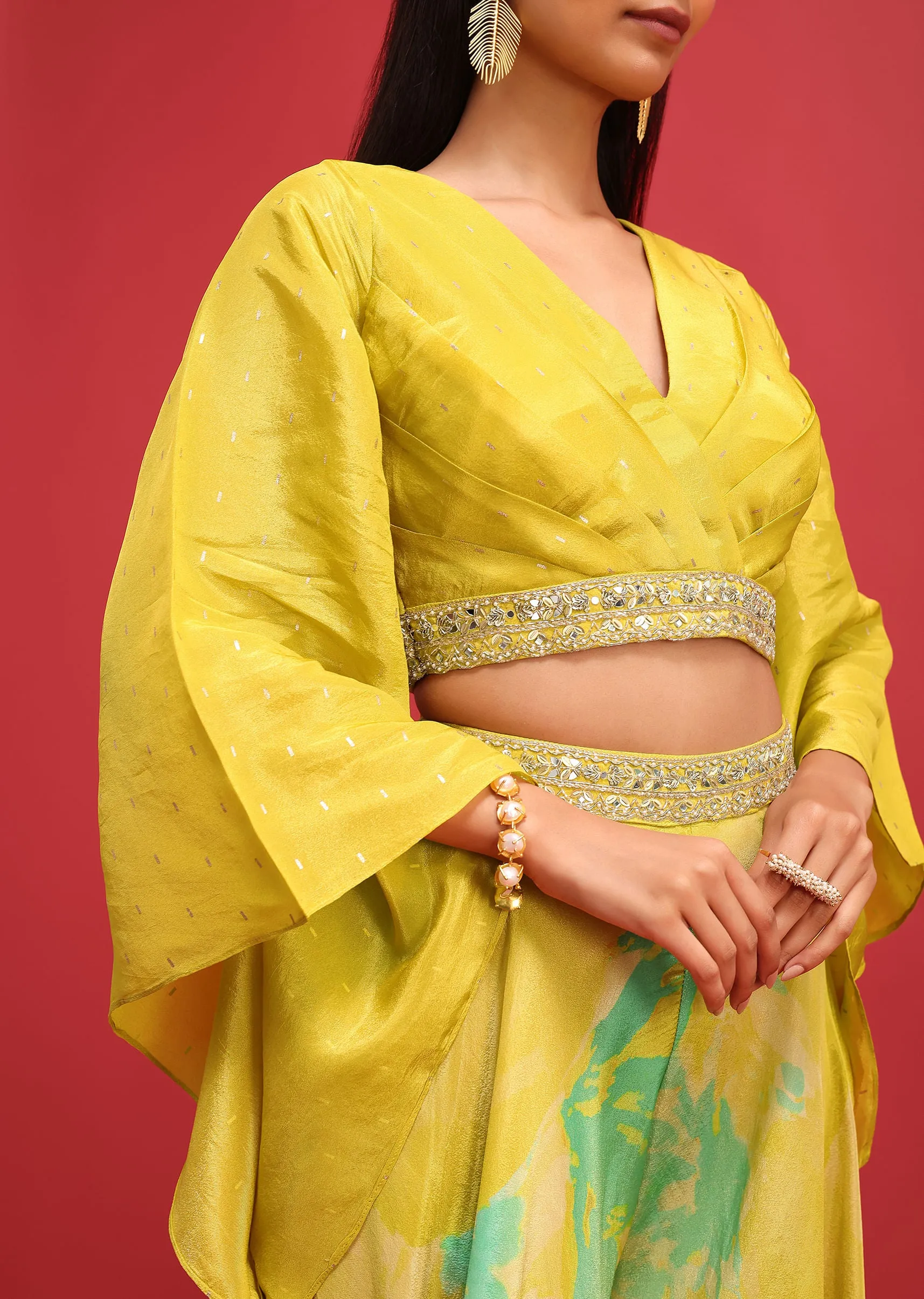 Mehendi Green Printed Tissue Crop Top And Palazzo