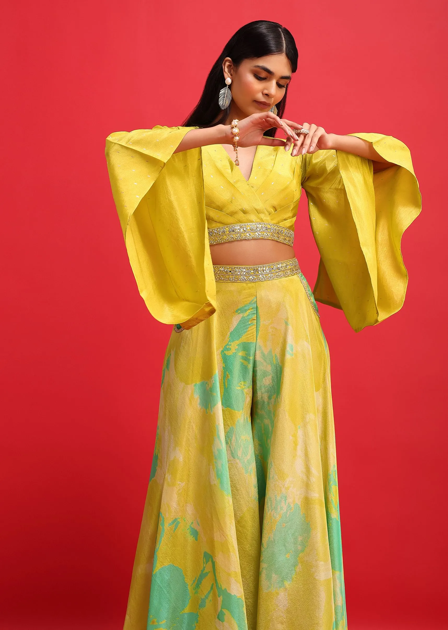 Mehendi Green Printed Tissue Crop Top And Palazzo