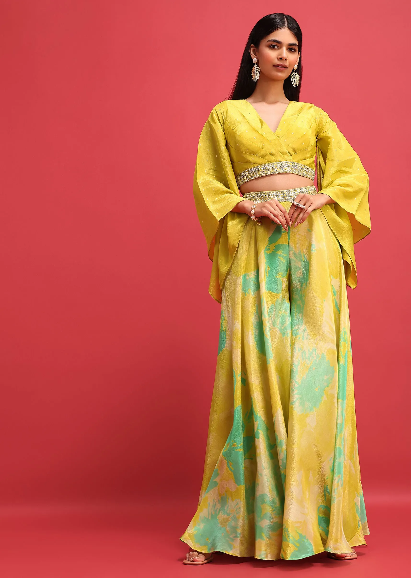 Mehendi Green Printed Tissue Crop Top And Palazzo