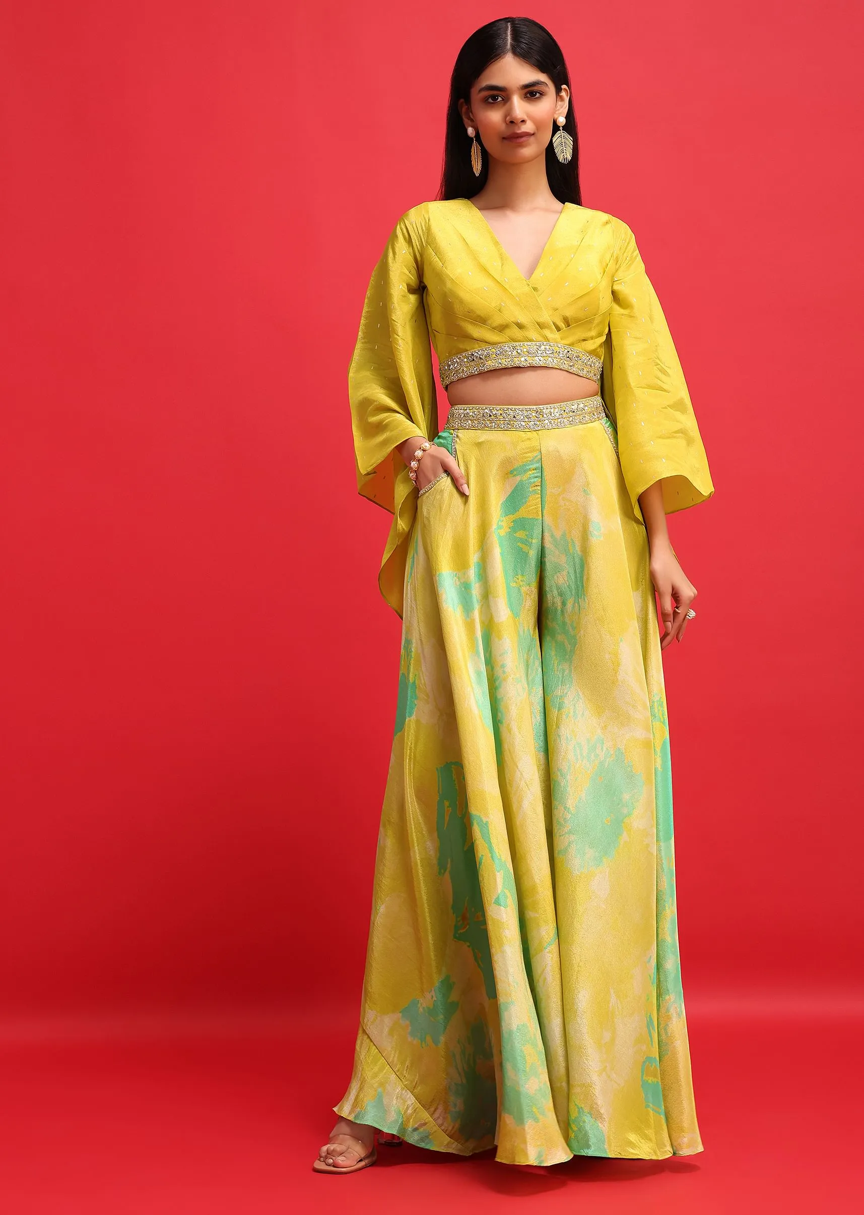 Mehendi Green Printed Tissue Crop Top And Palazzo