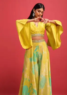 Mehendi Green Printed Tissue Crop Top And Palazzo