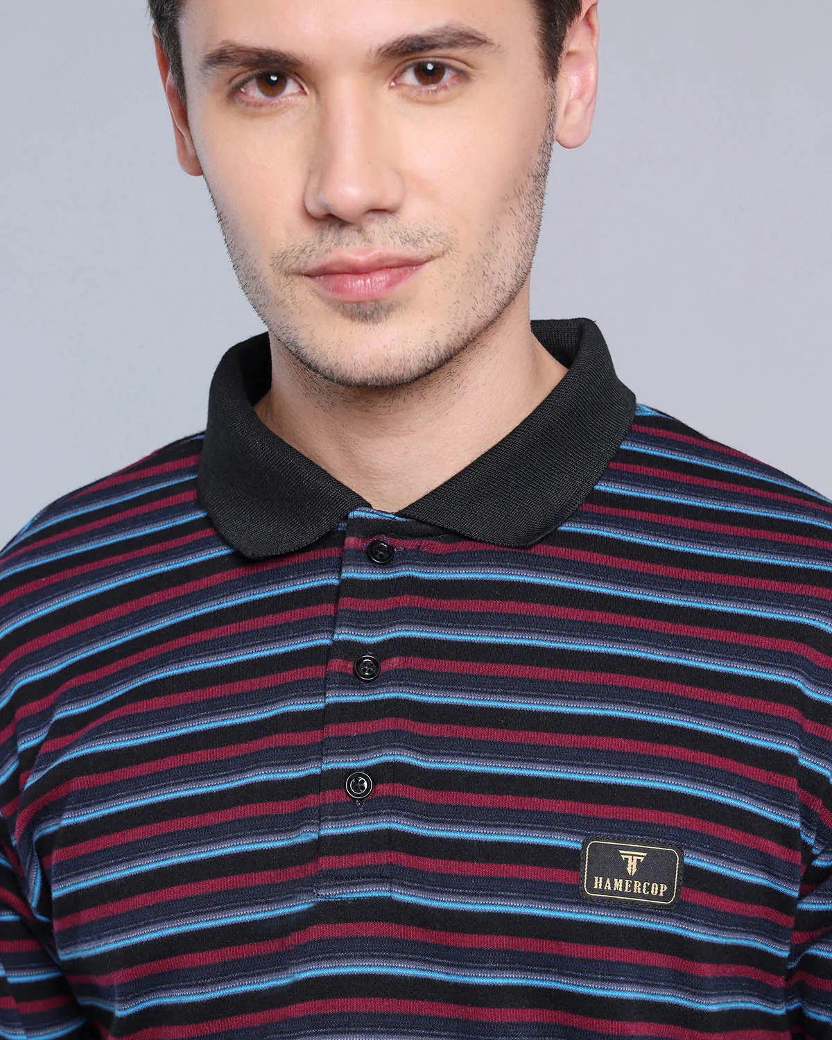 Merlot Maroon With Sky Multicolor Striped Supersoft Smart Polo T-Shirt