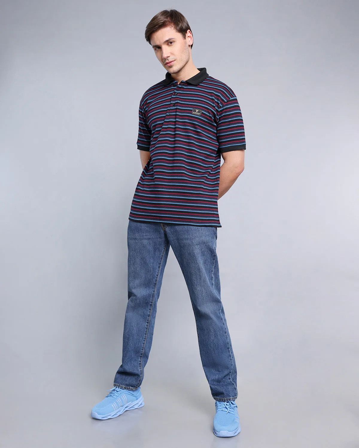 Merlot Maroon With Sky Multicolor Striped Supersoft Smart Polo T-Shirt
