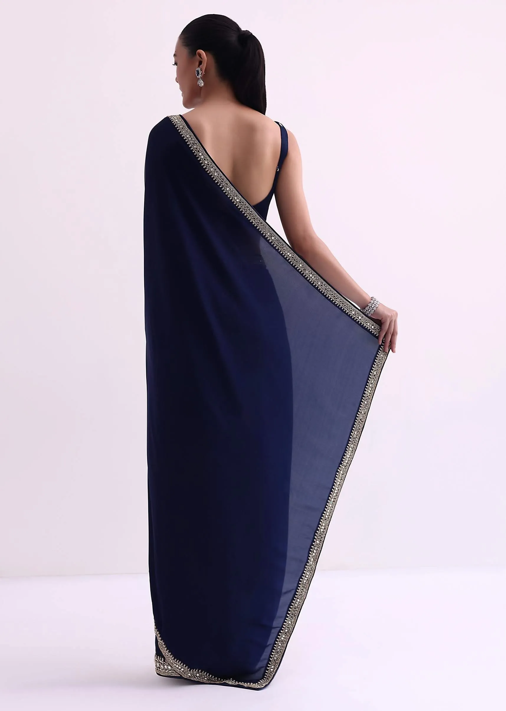 Navy Blue Satin Saree With Mirror Work And Unstitched Blouse Fabric-