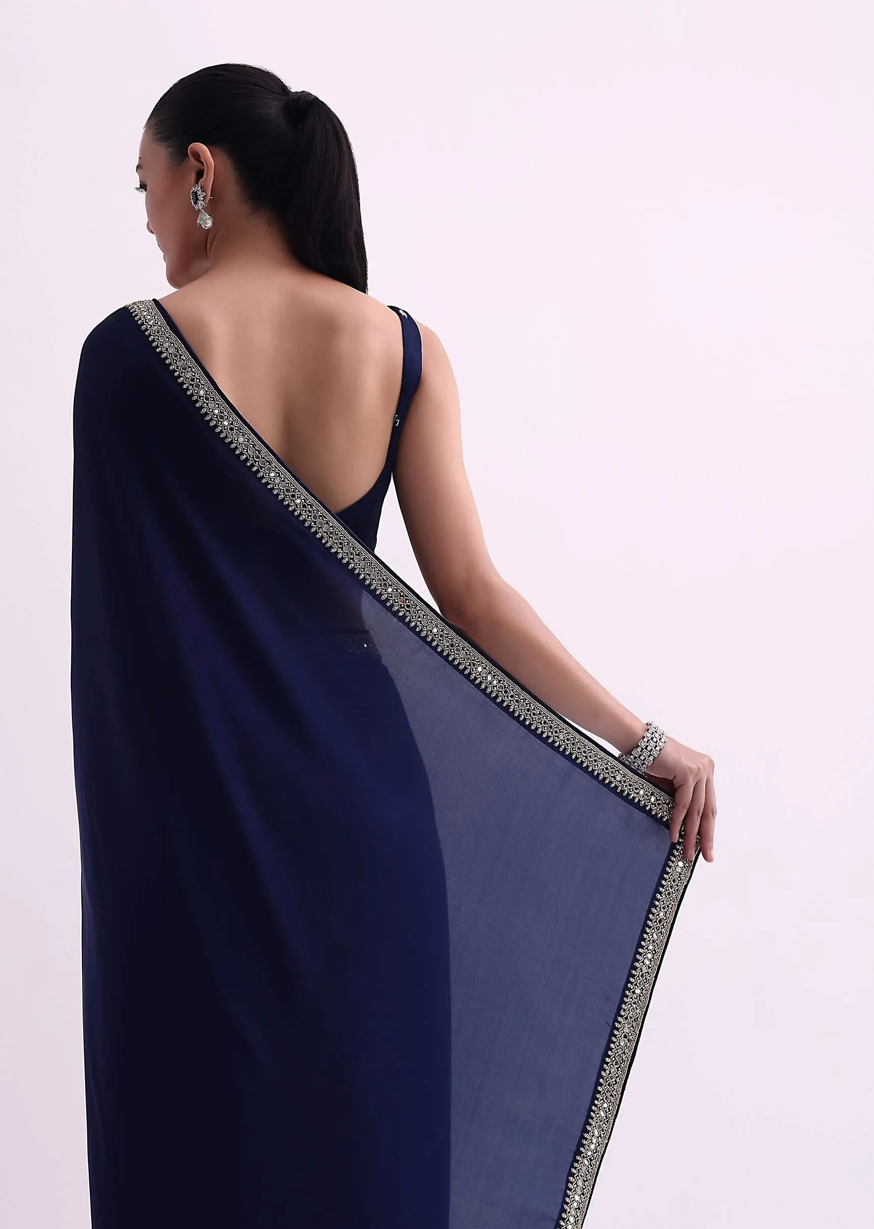 Navy Blue Satin Saree With Mirror Work And Unstitched Blouse Fabric-